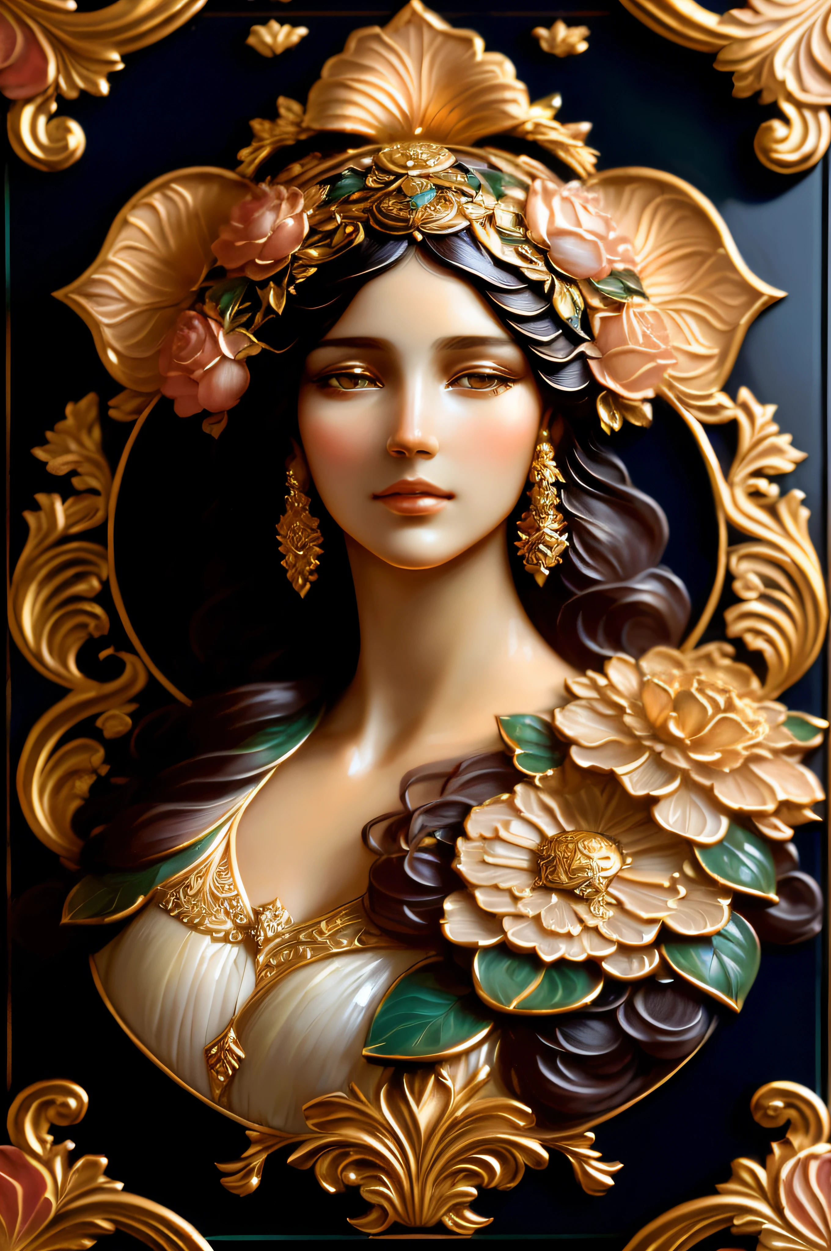 Picture of an Arafi woman wearing a floral headdress and a gold frame, hyperrealistic art nouveau, 3 d goddess portrait, Goddess. Extremely high detail, art nouveau portrait, portrait of a beautiful goddess, Beauty Art Nouveau woman, mucha style 4k, goddess portrait, goddess close-up portrait, beautiful teenage girl, Art Nouveau masterpiece, flower goddess