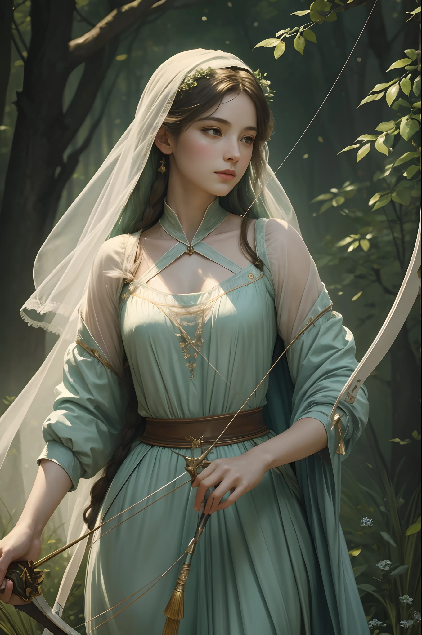 high quality, 8K Ultra HD, In this ethereal illustration, captures a beautiful female archer in a pale-green mist, he precision of John Singer Sargent highlights the woman's features, while Leonardo da Vinci's play of light and shadow adds enigmatic depth, by yukisakura, awesome full color,