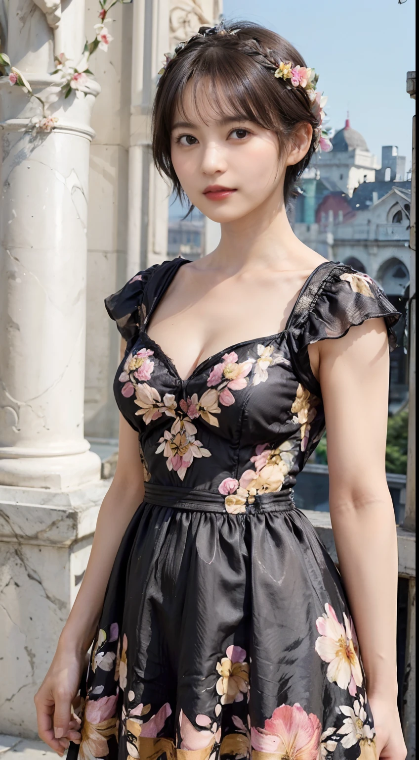 80
(20-year-old princess,is standing), (A hyper-realistic), (masutepiece), ((short-hair:1.46)), (Smooth black hair), (Breast:1.0), (kindly smile:0.9), (Floral Dresses:1.46), (Majestic Palace:1.46), Orange Lipstick