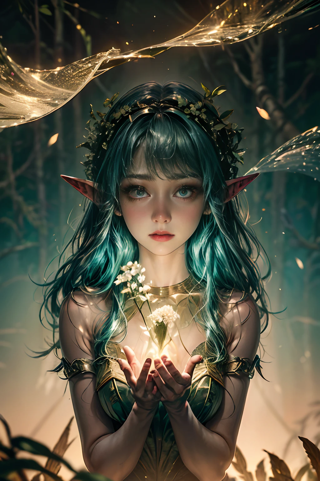 detailed face, cute face, A powerful spell that creates a magical protective barrier., A woman who uses green magic to summon a magical shield is perfect for a fantasy world..