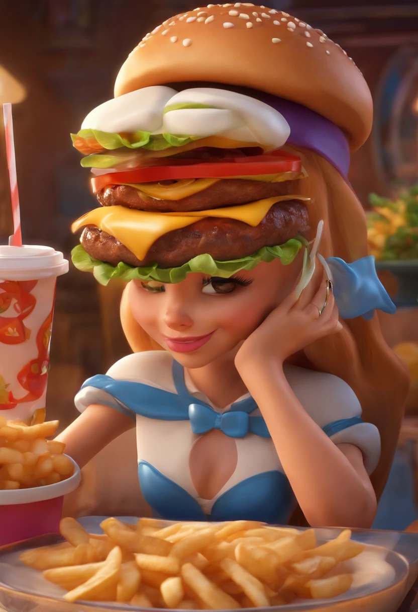 Make a Girl, She's hungry, como Disney Cartoon, She's eating burger at SHELBY BURGER, Pixar, ..3d, Disney