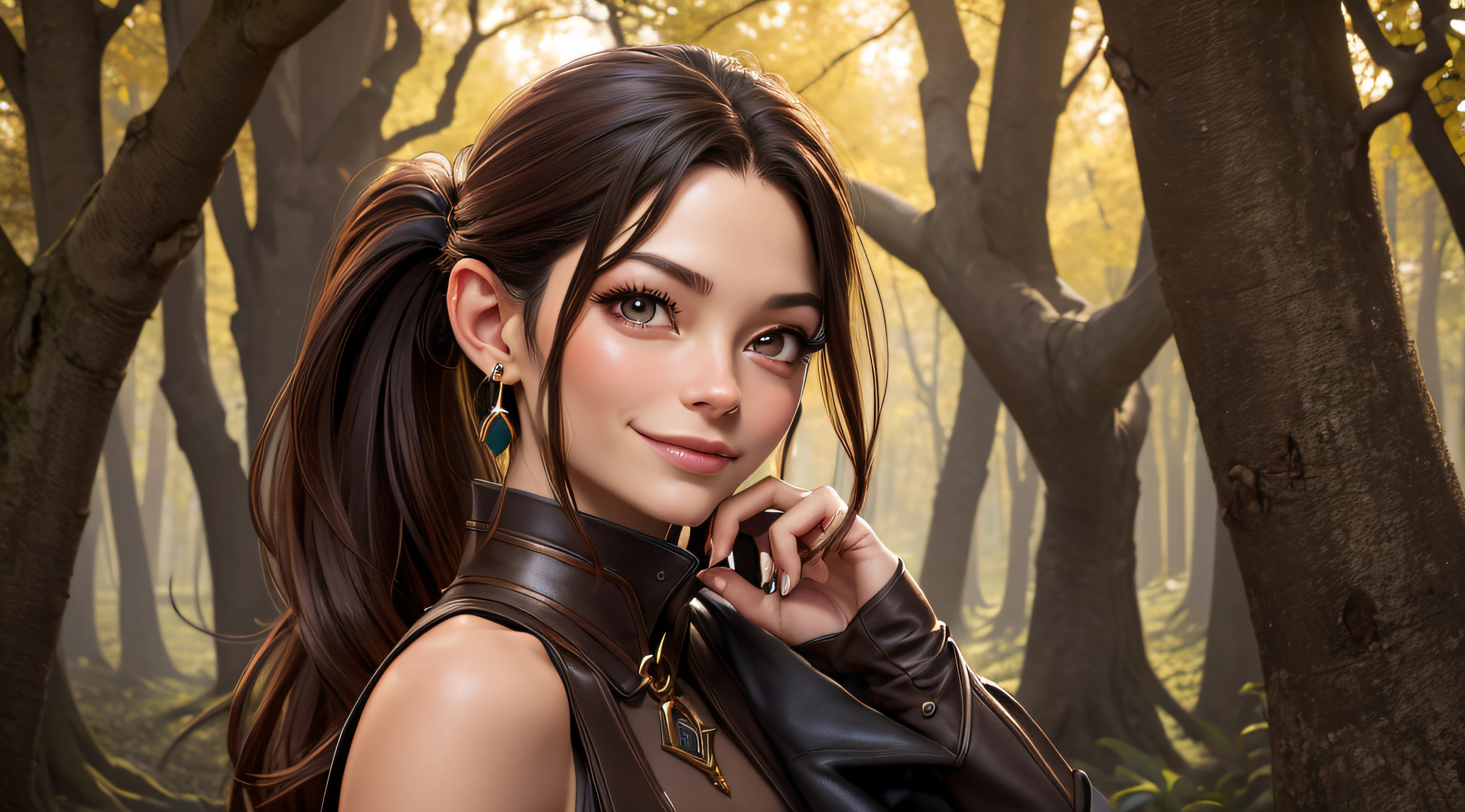 meilleur qualité, Ultra Haute Résolution, (photoréaliste:1.4), Kristin Kreuk, en elfe de la forêt avec cheveux long et ponytail et oreilles pointues, vous regardant avec des yeux aimants et un doux sourire. Tenue de guerrière elfe en cuir verte et marron. poignets en cuir marron,  golden looped earrings. Brown leather Dog collar. En background, une forêt luxurieuse avec des lucioles qui virevoltent. Magie des couleurs. Eclairage cinématographique. Féérie.