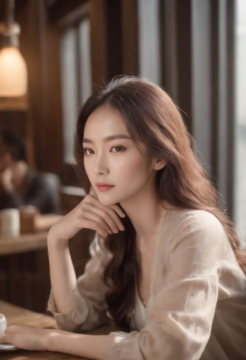 Photo of Leegahyeon's Korean woman in the café sitting at the table holding the sunlight from the café window, cabelos azuis, dynamic pose, textura da pele, pale skin, pele brilhante, (esguio, pequeno:1.2), [:(face sharp focus, Rosto detalhado, olhos perfeitos, Olhando para o Viewer:1.2):0.2], fotorrealista, filmic grain, best quality, master part