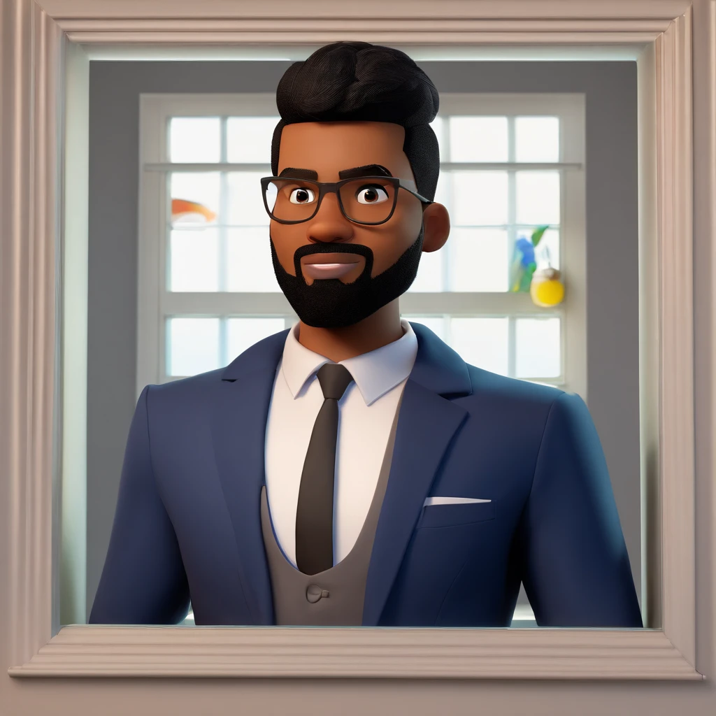 Create a poster inspired by Disney Pixar with the character being a man, 26 years old, lawyer, dark skin, beard, short black gradient hair, wearing a white shirt and navy blue suit, not wearing a tie, with arms crossed, looking straight ahead with a smile , background with a bookshelf, ultra realistic texture