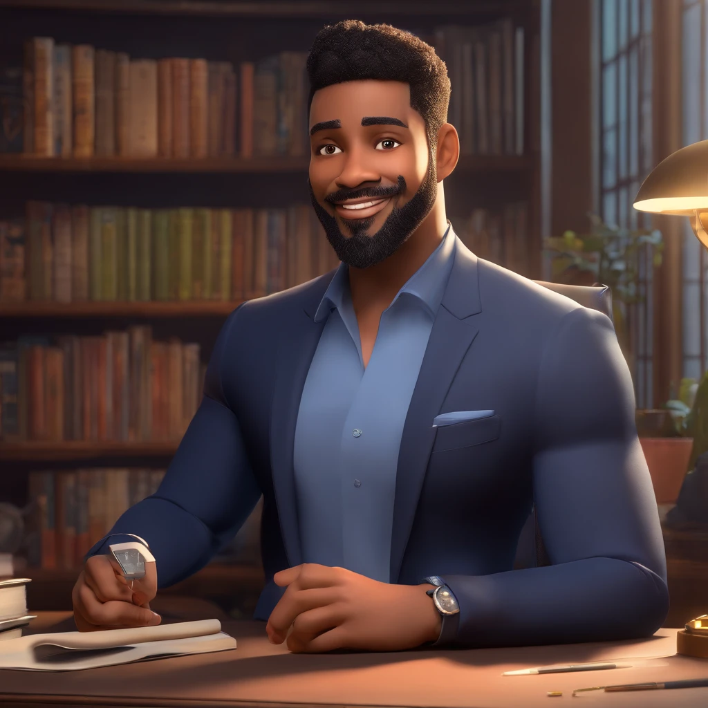 Create a poster inspired by Disney Pixar with the character being a man, 26 years old, lawyer, dark skin, beard, short black gradient hair, wearing a white shirt and navy blue suit, not wearing a tie, with arms crossed, looking straight ahead with a smile , background with a bookshelf, ultra realistic texture