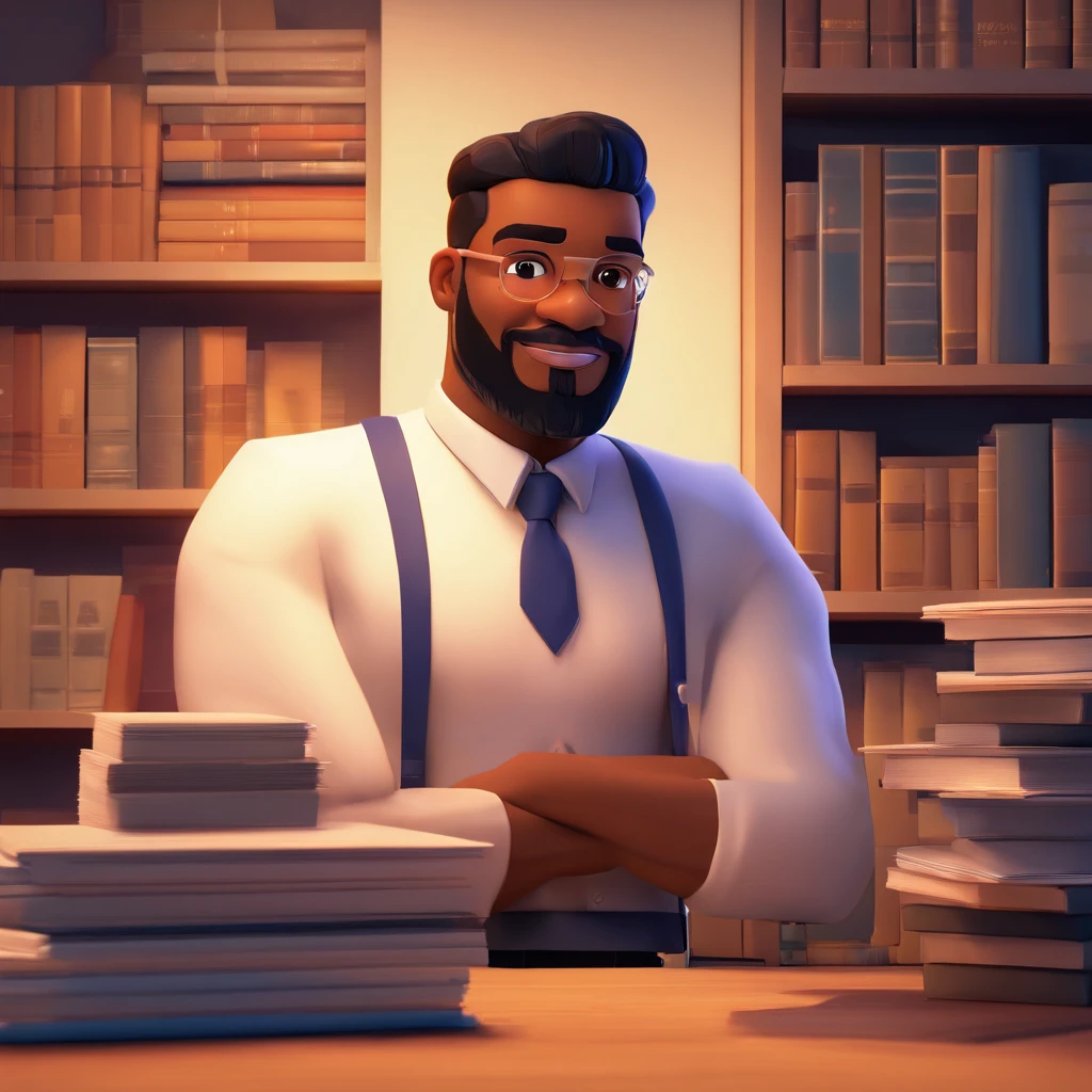 Create a poster inspired by Disney Pixar with the character being a man, 26 years old, lawyer, dark skin, beard, short black gradient hair, wearing a white shirt and navy blue suit, not wearing a tie, with arms crossed, looking straight ahead with a smile , background with a bookshelf, ultra realistic texture