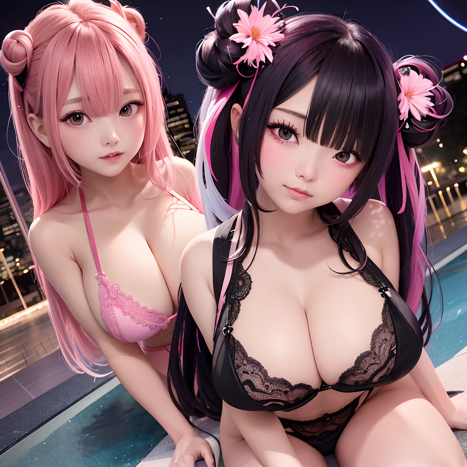 The upper part of the body、one girls、I have pink and black hair、Two-tone、Bun hair、Tremendously large breasts、Gorgeous lace string bikini、cleavage of the breast、gravure model,Japan anime-style odd-eye,in poolside、nighttime scene、Beautiful fireworks in the night sky、