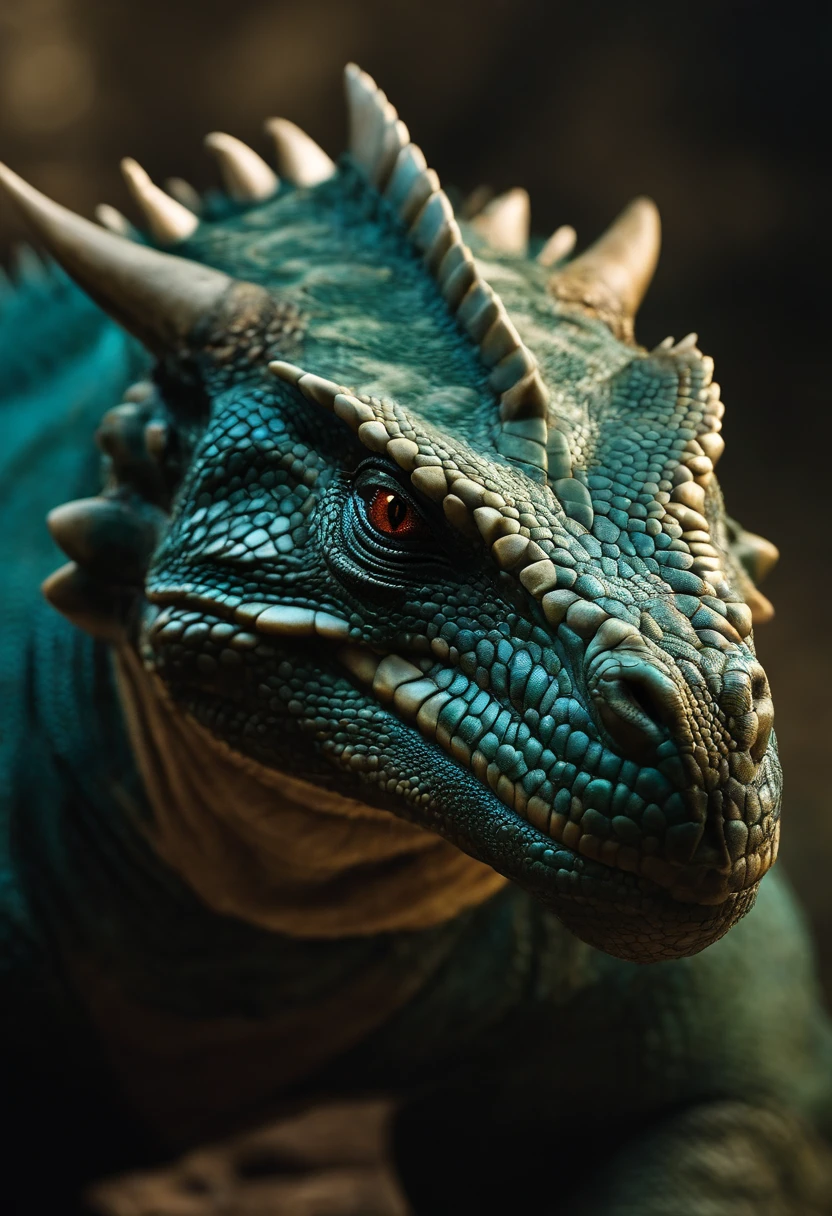 FKING_scifi antropomórfico Komodo Dragon King. mostrar o corpo inteiro. Skin color is blue-green. the presence of horns on the head. Armadura com detalhes intrincados. Rico em textura de escala. Professional studio photography. ultra-realistic, detalhes intrincados