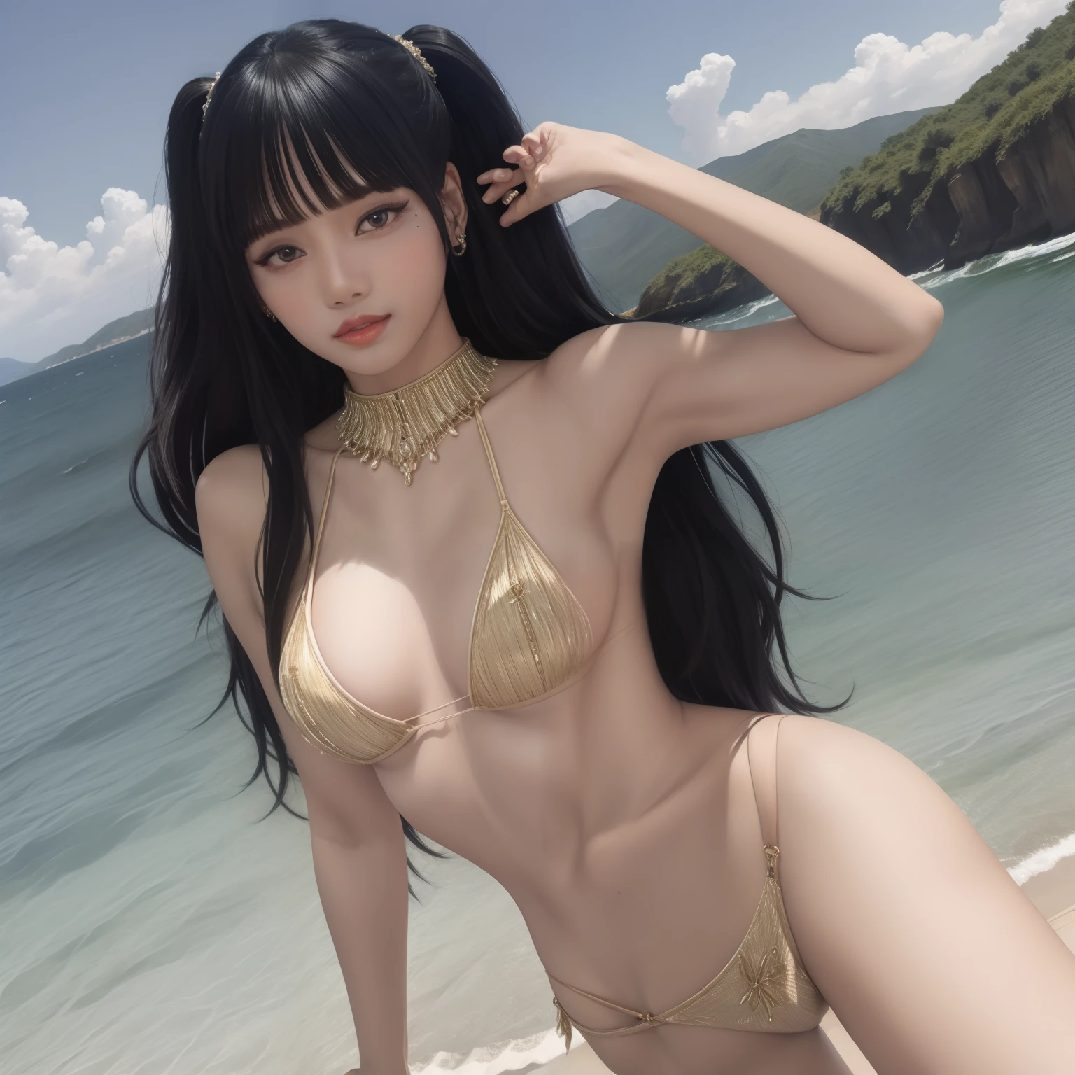 Tipo de cuerpo del modelo、Abdominales entrenados、Mujeres hermosas、Cara del modelo、Beautiful facial features、Calidad de imagen de alto nivel(4k,en 8K)、Japoneses、pechos grandes(1:1.5)、Ropa interior en forma de V、Pose con el pecho enfatizado desde un lado、Kamimei、a luxury hotel room、Posar con la entrepierna extendida、mojar el cabello、un cuerpo mojado