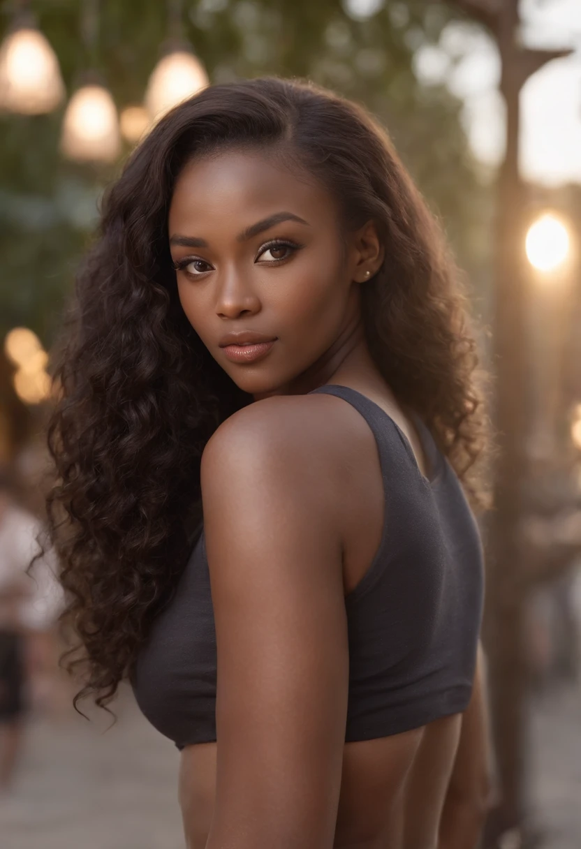 (Dark African skin, Very deep ebony skin)), ((Its beauty is undeniable)), ((Excited cute face)), ((Hyper detailed perfect eyes,)), ((pose mignonne)), ((Langue sortie)), ((Seductive )), sexy, (( Tight mesh shirt, shorts courts sexy)), ((Afro ponytail with long African curly hair,)), (( peau)), (( gros seins )), ((debout, vue de face)), ((toucher ses propres jambes dans une pose sexy)), ((dehors, Ville publique)), Sharp Focus CGI, photoreallistic, High detail, Realstic, Masterpiece, absurdes, Best quality, Hdr, High quality, high-definition, Extremely detailed, 8k wallpaper, Intricate details, 8K UHD, Full-HD, (photo realist:1.2), contraste, intense illumination, lighting cinematic, natural lighting, hard light, contre-jour, Illumination globale, occlusion ambiante, bare ebony spread to show dirty, Workwear, Elegant, respectueuse, with red lipstick.
