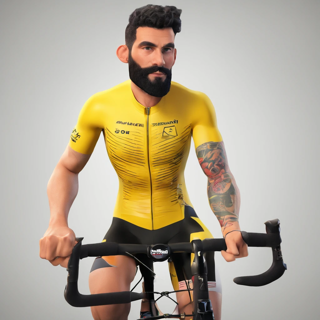 Eu sou homem barba pequena grisalha, ciclista, with tattoo all over the arm, em cima de uma bicicleta speed vermelha, estilo Lance Armstrong, camisa amarela escrita rivotrilha, bermuda preta e meias amarelas