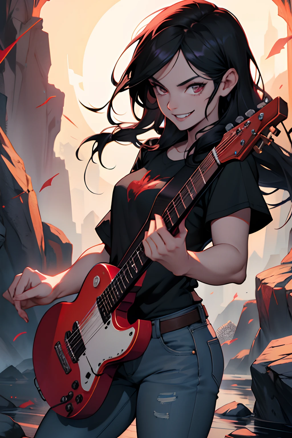 Hora da Aventura, Marceline, flutuando no ar com sua guitarra vermelha,A young woman, long flowing black hair, sorriso, pale grey skin, dentes de vampiro, marcas de mordida de vampiro nos dentes, olhos vermelhos, camisa vermelha, jeans, Botas, 4k, Cinematic lighting, cores brilhantes, rock n roll, lo gothic, fun, fantasia, Beautiful, audaz, atordoante