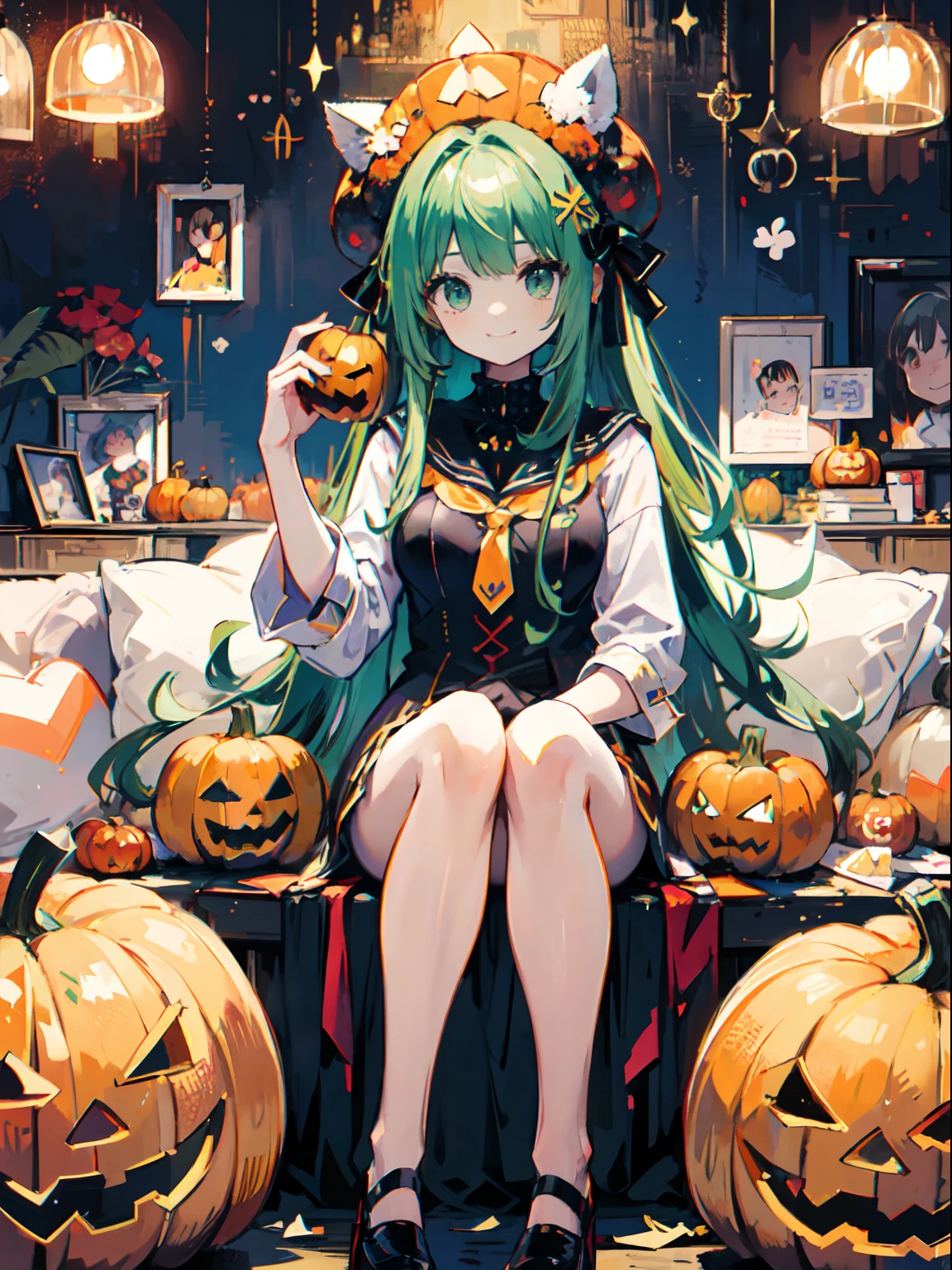 girl smiling with green tied hair and a pumpkin hat, sit pose, halloween theme