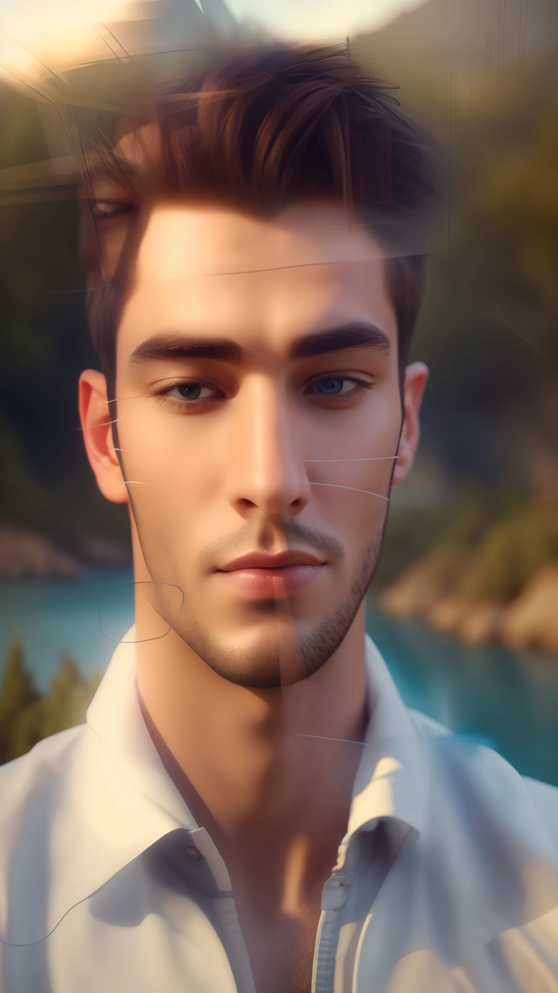 Close-up portrait of a young man in a portraiture, his face calm and serene. he is surrounded by a beautiful landscape, perfect, detailed face, exact proportion, soft cinematic lighting, muted colors, hyperrealistic, 8k, octane render