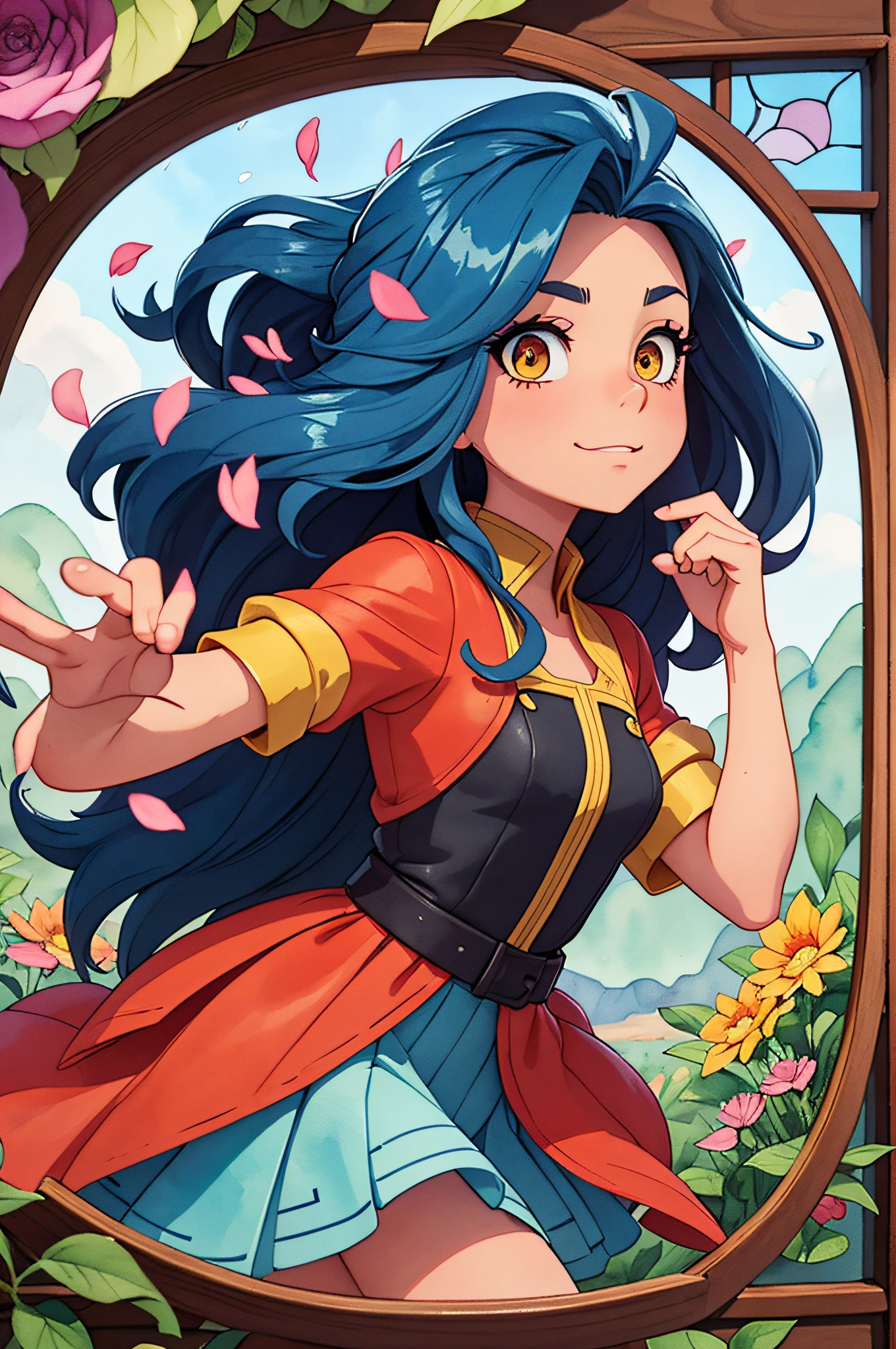 tide play,luxray, split color hair, wind, flying petals, stainedglassai, ornamental, intricate details, dufkova, 2d, lineart, watercolor, ink watercolor, random color hair, super long hair, wavy, 1girl,alraune,flower, alraune,