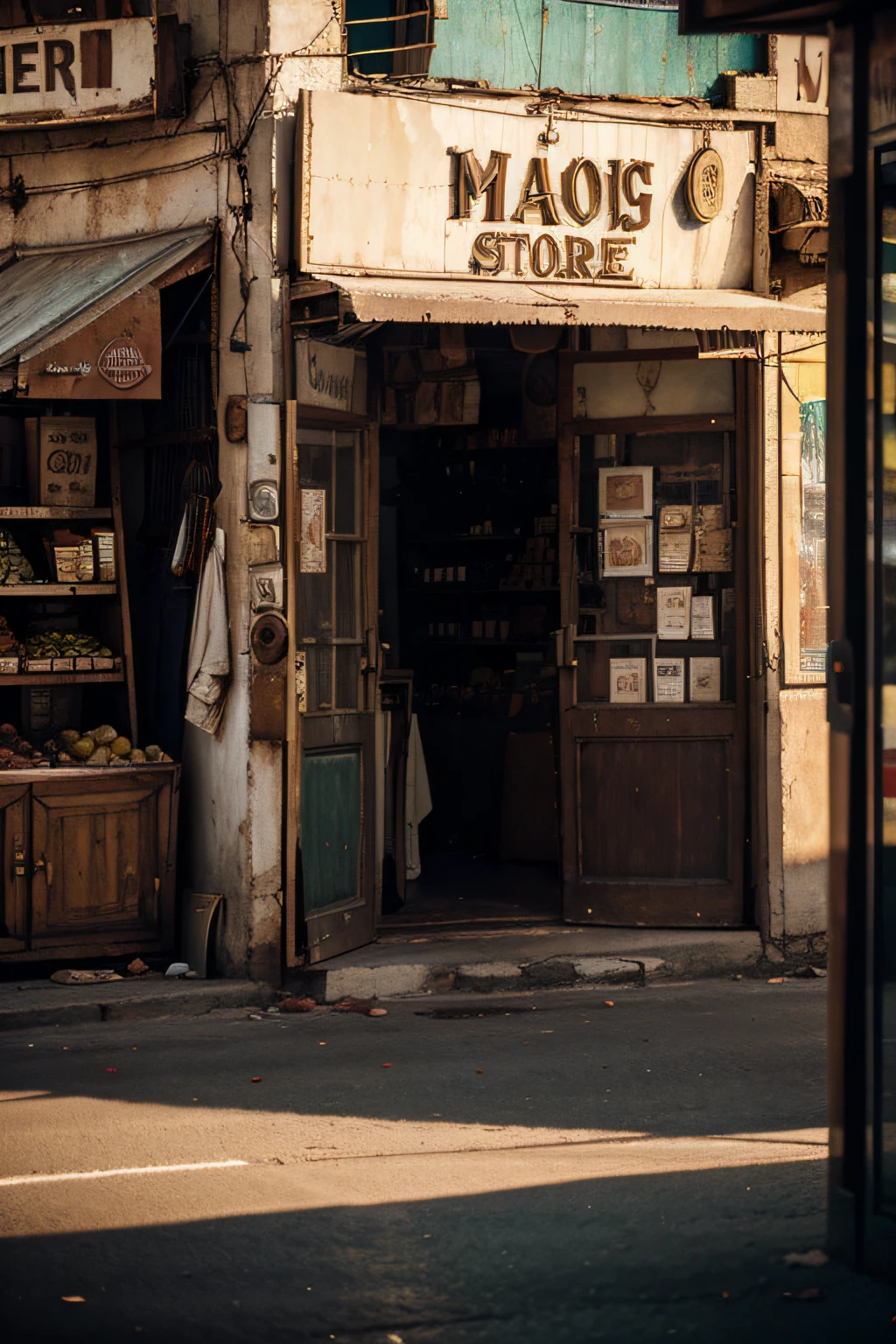 old, vintage, food store, outside, Arabian store, empty street, cinematic, dramatic color, no people