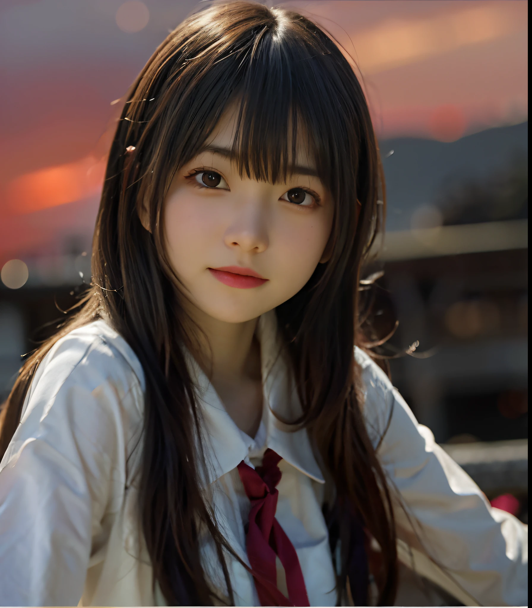 (Best Quality, High resolution, masutepiece :1.3), Pretty women, tiny chest、Constricted waist,
Against the background of a reddish sunset sky、Clouds and sun sink into the ocean, Beautiful girl in uniform standing、Her hair is light brown, Eta、Medium Bob Style. She wears a white blouse and pleated skirt as part of her uniform. She sits with her legs apart, And her gaze is directed to the camera. Create this scene from a low angle shot.17 yeaHappy smile