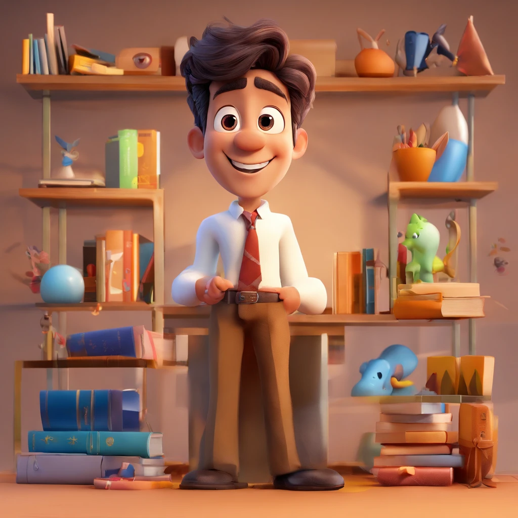 Create a Disney Pixar-inspired poster with the character being a man, 26 anos, magro, advogado, pele escura, barba, Black gradient short hair, vestindo uma camisa branca e terno azul marinho, Do not wear a tie, with arms crossed, olhando para a frente com um sorriso, fundo com uma estante de livros
