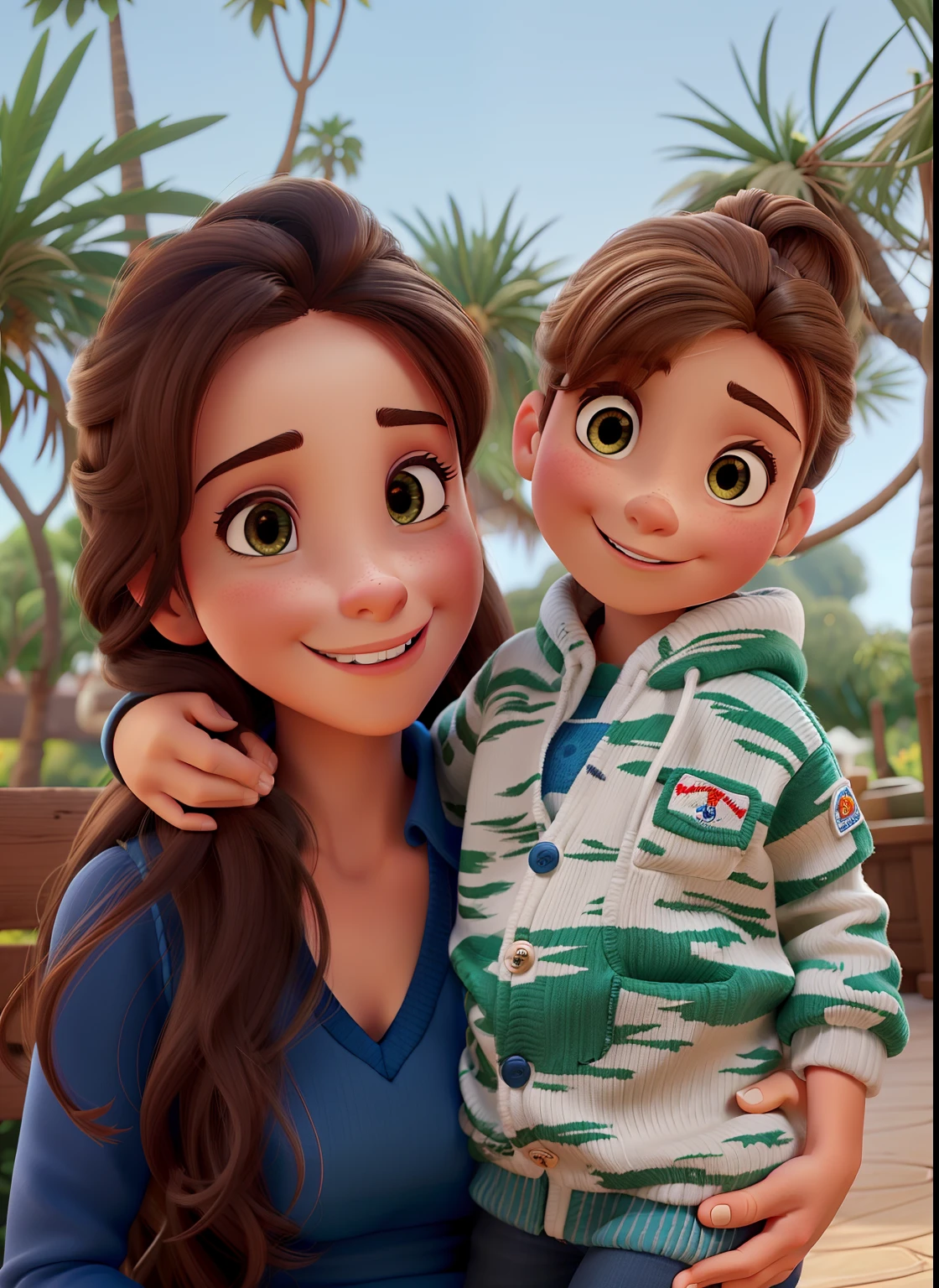 Poster no estilo Disney pixar, alta qualidade, melhor qualidade, mulher cabelos lisos compridos, cabelos pretos, boca vermelha grande, nariz pequeno, Holding your boy on your lap, sorrindo, ele tem cabelos castanhos, olhos castanhos, nariz pequeno. Fundo de arvores