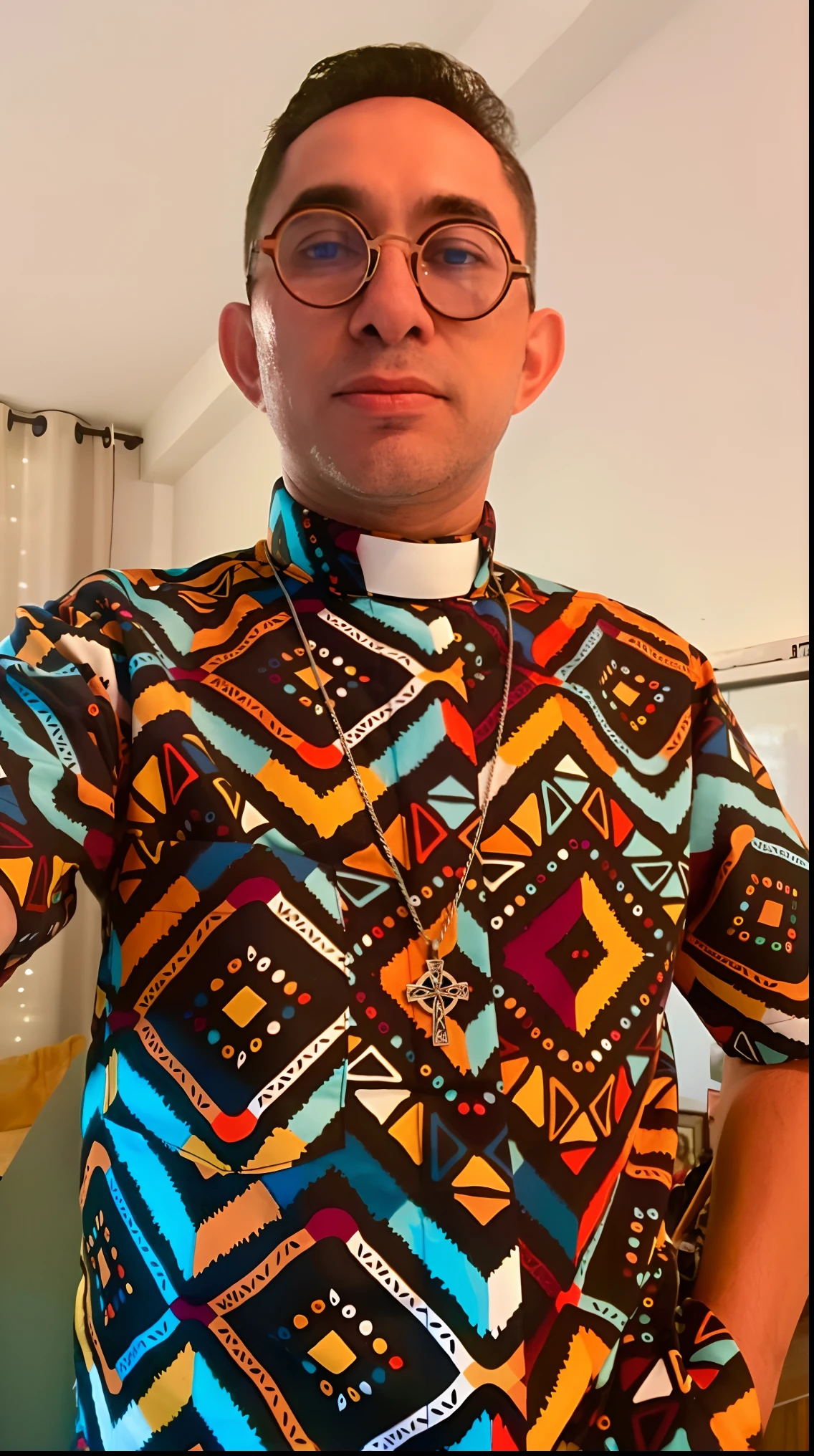 Man wearing a colorful shirt and glasses holding a glass of wine, Directed by: Benjamin Marra, usando cruz no manto, inspirado em Bernardo Daddi, inspirado em Lubin Baugin, inspirado em Julius Jakoby, foto do perfil, tirado no iphone 1 3 pro, imagem de perfil, tirado no iphone 14 pro, inspirado em Francis Souza