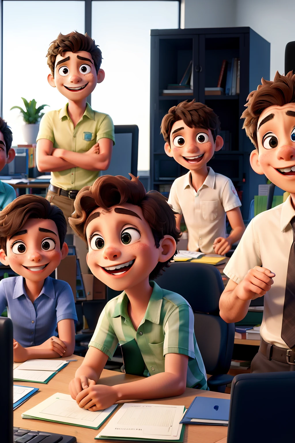 Cinco jovens felizes, in an office, trabalhando em grupo