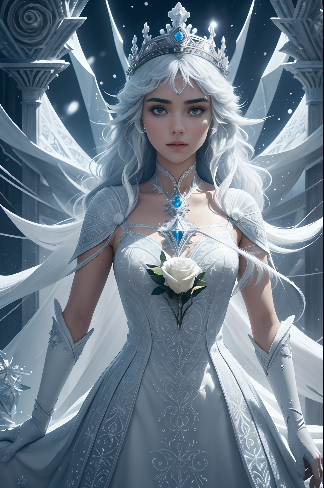 Absolute harmony, Piercing gaze at point-blank range, The Snow Queen, ((((rime)))), (((ornate pattern))), White roses covered with rime, magical, inspired by a fantastical world, crystallized product photography, soft light, volumetric lighting, ultra-detailed photography, grey background, Perfect anatomy. "hibli studio + super high resolution + UHD + HDR + highly detailed + FStop 2. 8 + 150mm lens + high fidelity + studio shot + award winning + ray tracing", epic royal background, big royal uncropped crown, royal jewelry, robotic, nature, full shot, symmetrical, Greg Rutkowski, Charlie Bowater, Beeple, Unreal 5, hyperrealistic, dynamic lighting, fantasy art