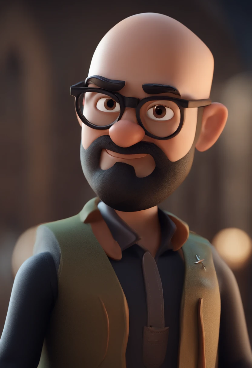 Cartoon character of a man with a shaved head and a large closed beard, with black glasses and a black shirt, animation character, Caractere estilizado, animation style rendering, 3D estilizado, Arnold Maya render, 3 d render stylized, toon render keyshot, Personagem 3D, Personagem 3D, 3d rendering stylized, 3 d character render, personagem de desenho animado, Personagem de close up, Pose de personagem, (Estilo Pixar) (master part:1.2) (Bokeh) (best quality) (pele detalhada) (textura detalhada) (8k) (argila) (Cinematic lighting) (foco nítido)