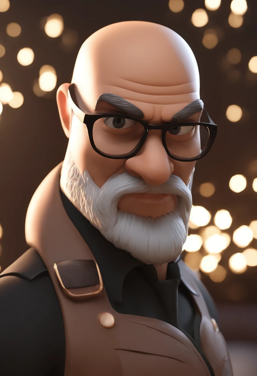 Cartoon character of a man with a shaved head and a large closed beard, with black glasses and a black shirt, animation character, Caractere estilizado, animation style rendering, 3D estilizado, Arnold Maya render, 3 d render stylized, toon render keyshot, Personagem 3D, Personagem 3D, 3d rendering stylized, 3 d character render, personagem de desenho animado, Personagem de close up, Pose de personagem, (Estilo Pixar) (master part:1.2) (Bokeh) (best quality) (pele detalhada) (textura detalhada) (8k) (argila) (Cinematic lighting) (foco nítido)