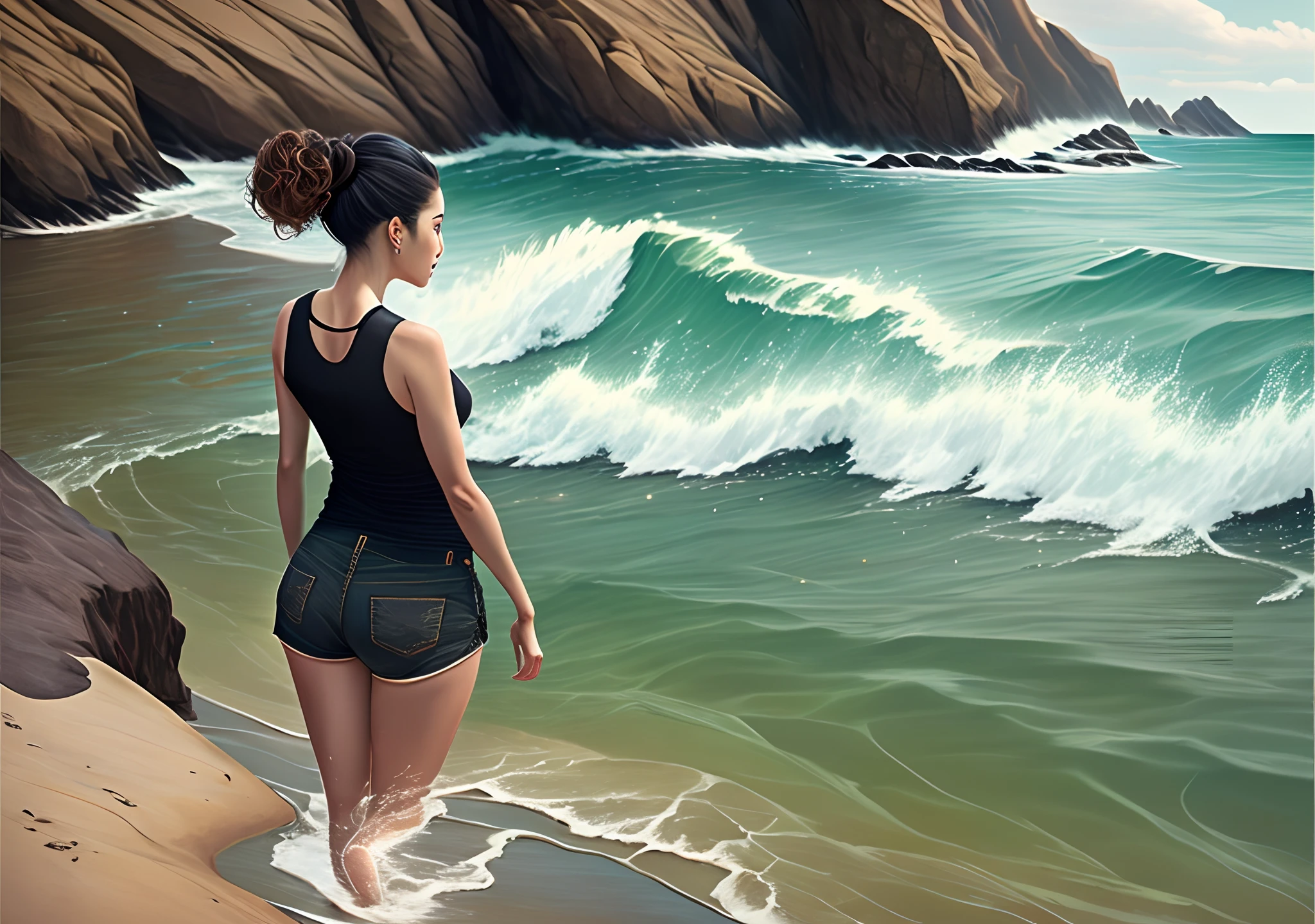 Woman with closed ass by the sea on her back, bunda enorme com celulite cabelos cacheados ruivos. High-resolution photographic hyperrealism.
