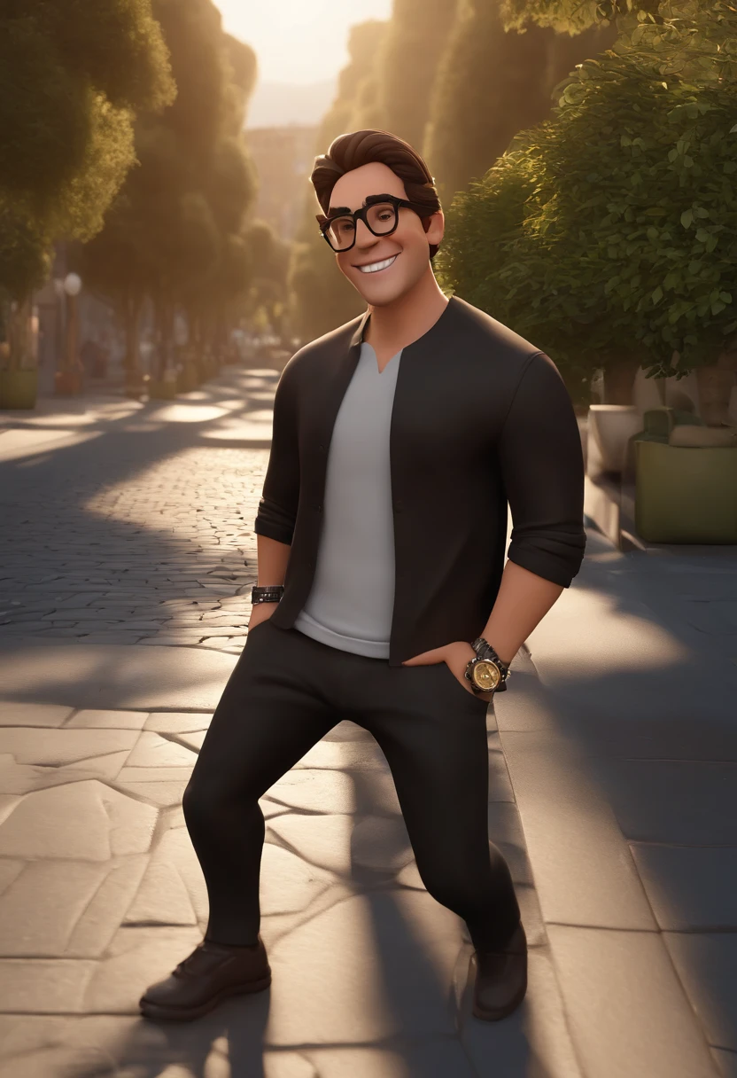Cartoon character of a man with medium long brown hair and thin face smiling wearing black glasses, a small black earring and a black shirt, wearing a watch and bracelets on the arm, um personagem animado, Caractere estilizado, animation style rendering, 3D estilizado, Arnold Maya render, 3 d render stylized, toon render keyshot, Personagem 3D, Personagem 3D, 3d rendering stylized, 3 d character render, personagem de desenho animado, Personagem de close up, Pose de personagem, (Estilo Pixar) (master part:1.2) (Bokeh) (best quality) (pele detalhada) com tatuagens (textura detalhada) (8k) (argila) (Cinematic lighting) (foco nítido,Senta e vaza a parte superior do corpo segurando uma guitarra vermelha no palco de um show de rock