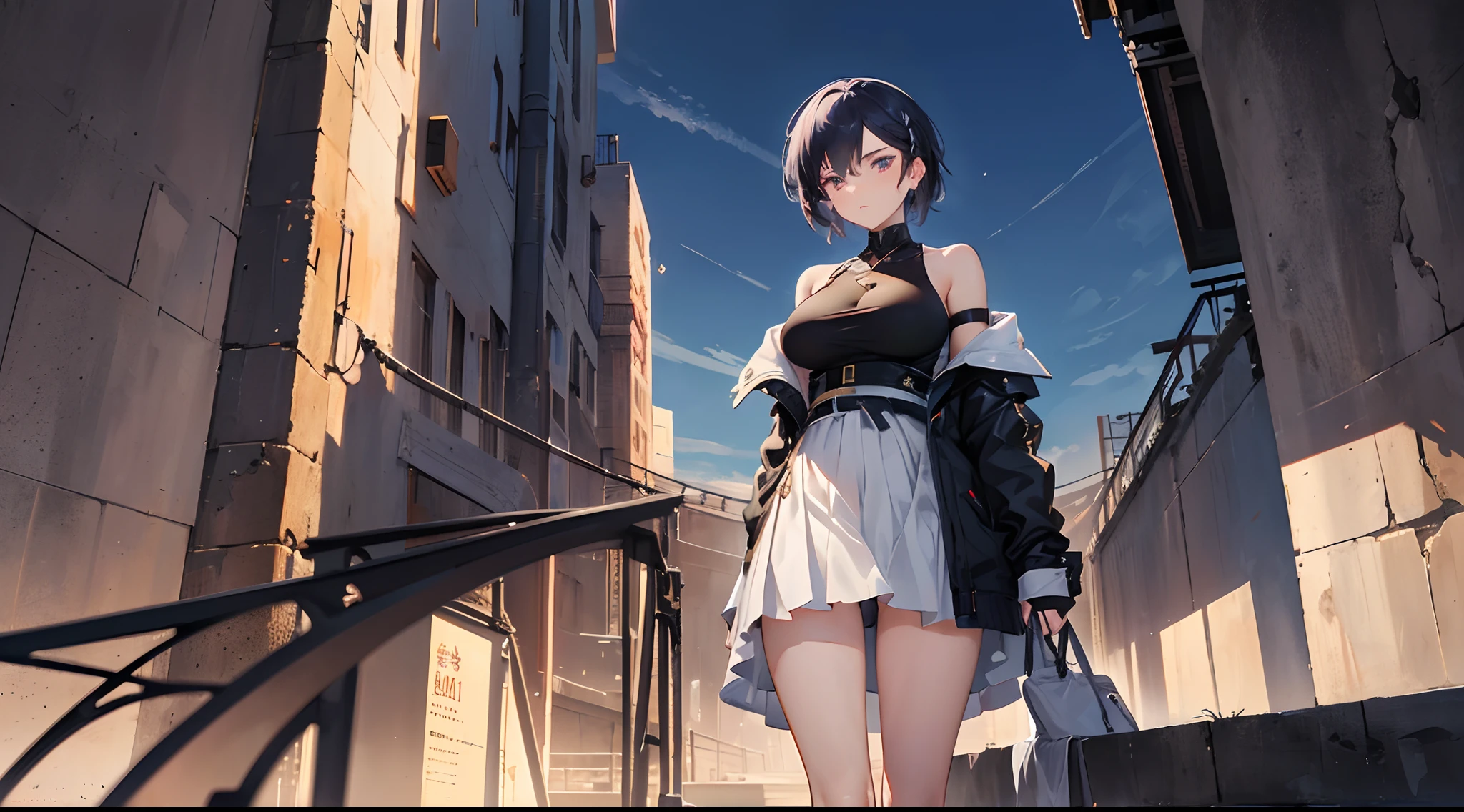 (masterpiece:1.2) (best quality) (detailed) (intricate) (8k) (HDR) (cinematic lighting) (sharp focus), (perfect face), ((( 1 girl ))), cool looking woman, short hair, tomboy, mature, expressive eyes, heterochromaia eyes , (perfect female proportions), (very large breasts), off-shoulder jacket, long legs, skinny legs, slim hips, tomboy, milfication, mature female, casual clothes, the loneliest girl, artistic, (golden hour), (rose, sadness), luminism, serenity, Anime art, a contrast between the realistic and the absurd, Focused on Woman, chaotic, high creative, dynamic, informative