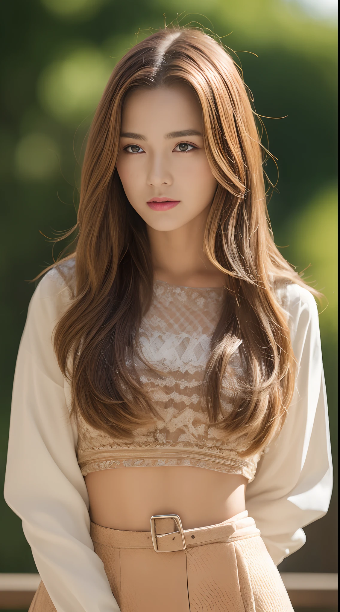 ((top-quality, 4K, masterpiece: 1.3)), Beautiful Women in Perfect Figure: 1.4, (Abs, Developed hand muscles: 1.2), Light brown hair, highlights hair、Fashionable blouses、Fashionable skirts, Highly detailed facial and skin texture, A detailed eye, 二重まぶた