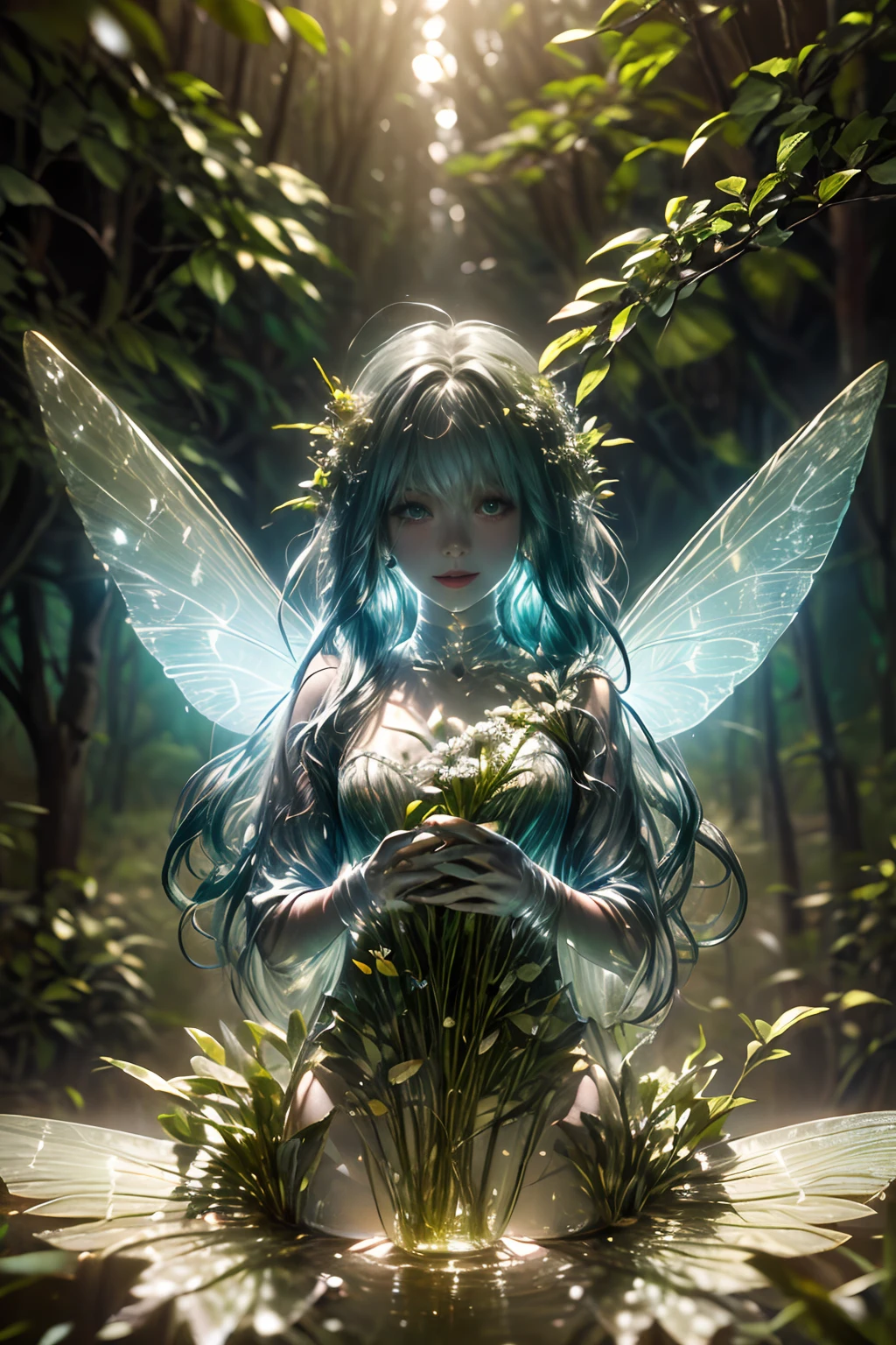 (((Tree fairy floating above the forest, Tearing flowers in the forest ))) Green hair, petite body, Smiling gently、Radial glow, White fern flowers, optical, Panoramic lighting, Atmospheric perspective, zori, Smoothing: 5D, Light Painting, Color, beautiful countenance, Clear facial features, Symmetrical transparent wings, Stunning detail