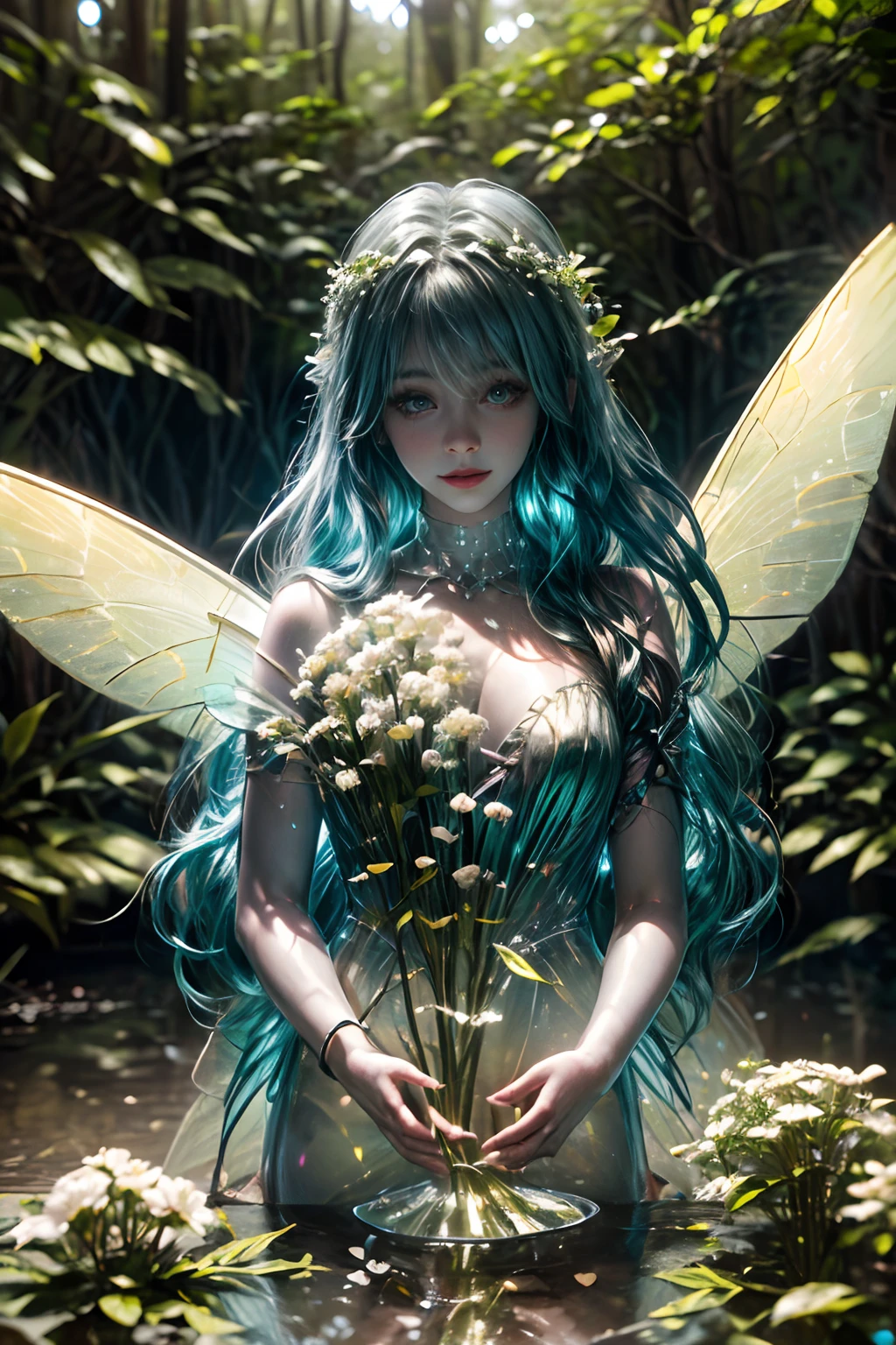 (((Tree fairy floating above the forest, Tearing flowers in the forest ))) Green hair, petite body, Smiling gently、Radial glow, White fern flowers, optical, Panoramic lighting, Atmospheric perspective, zori, Smoothing: 5D, Light Painting, Color, beautiful countenance, Clear facial features, Symmetrical transparent wings, Stunning detail