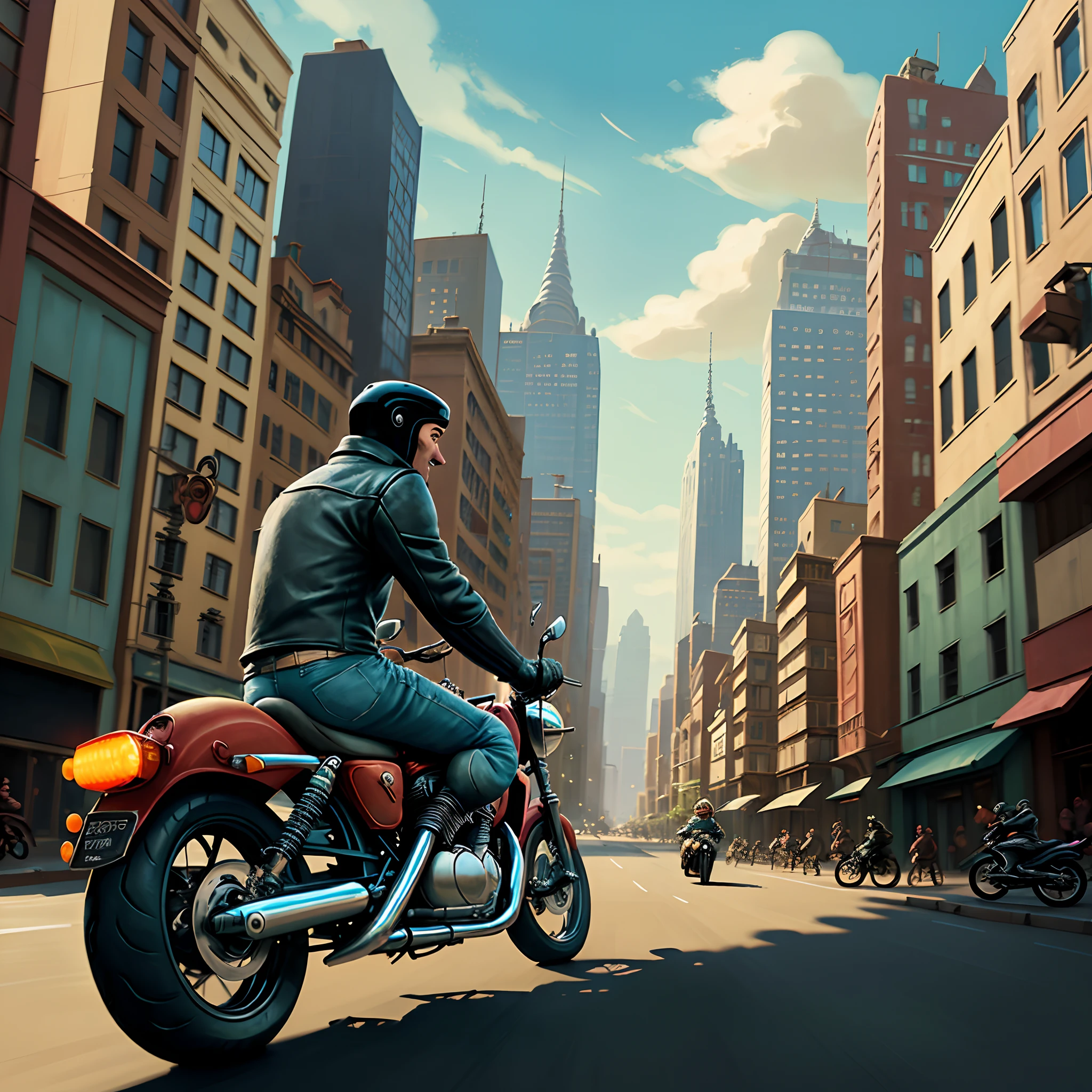 Pixar style a man riding a motorcycle in a city full of buildings