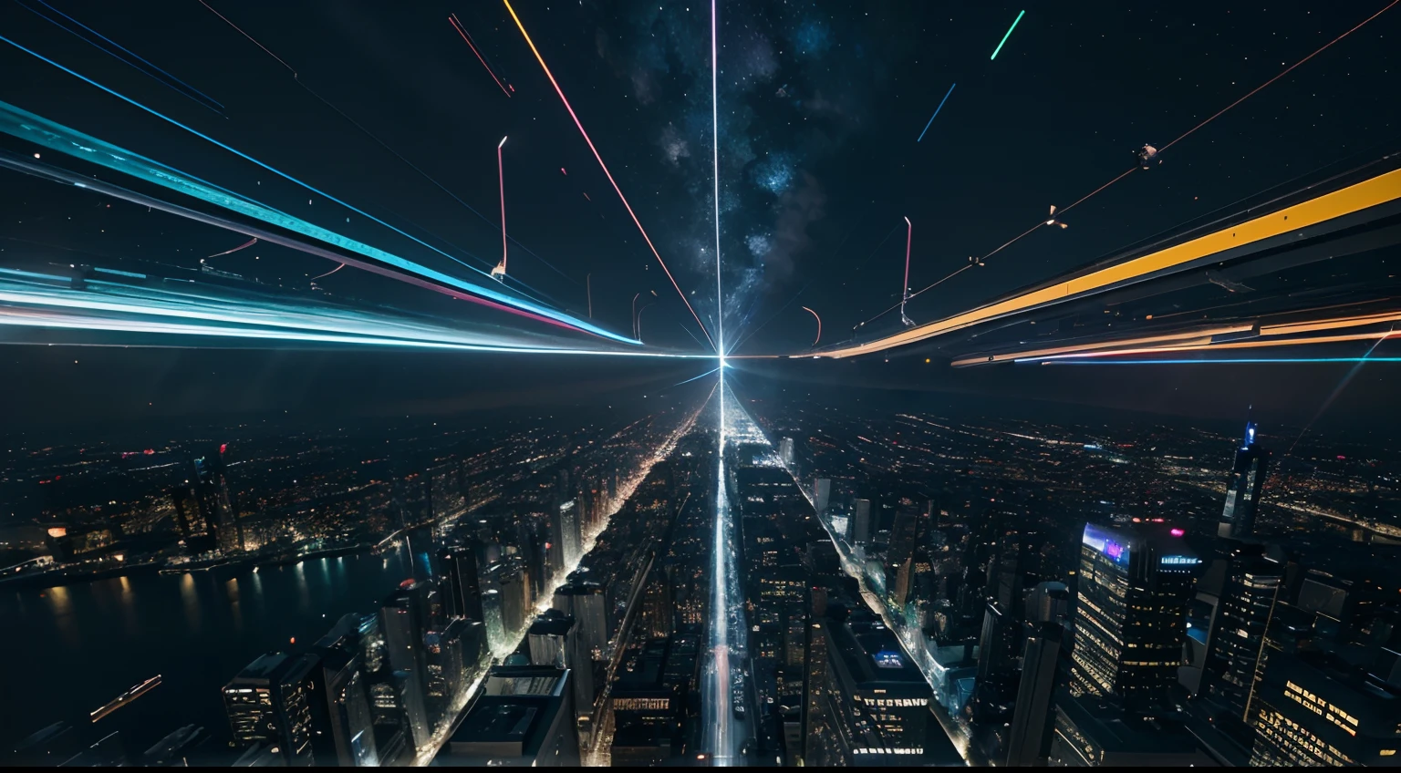 Imagine a breathtaking scene in a futuristic city that looks straight out of a science fiction movie. This advanced metropolis stretches for miles, with towering skyscrapers that touch the clouds. The lighting is spectacular, with neon lines that outline the facades of the buildings, creating a mesmerizing aura of bright colors that are reflected in the streets, creating an urban kaleidoscope. Cinematic footage captured the scene with cinematic precision. Soft focus highlights detailed details, revealing the smallest intricacies of structures. The starry night sky is dotted with rays of light, giving the city a celestial appearance. The city is alive with action and innovation. Flying cars silently cross the airspace, creating trails of lights that resemble shooting stars. Autonomous robots and androids interact with passersby, while three-dimensional holograms projected onto buildings display futuristic advertising and dynamic artwork that appears to leap from the buildings' surface. The atmosphere is electric, full of promises of the future, with saturated cores, vivid contrasts and a sense of cinematic movement that immerses any viewer in the city. In this futuristic setting, technology and aesthetics come together to create a stunning vision of what the future could be."