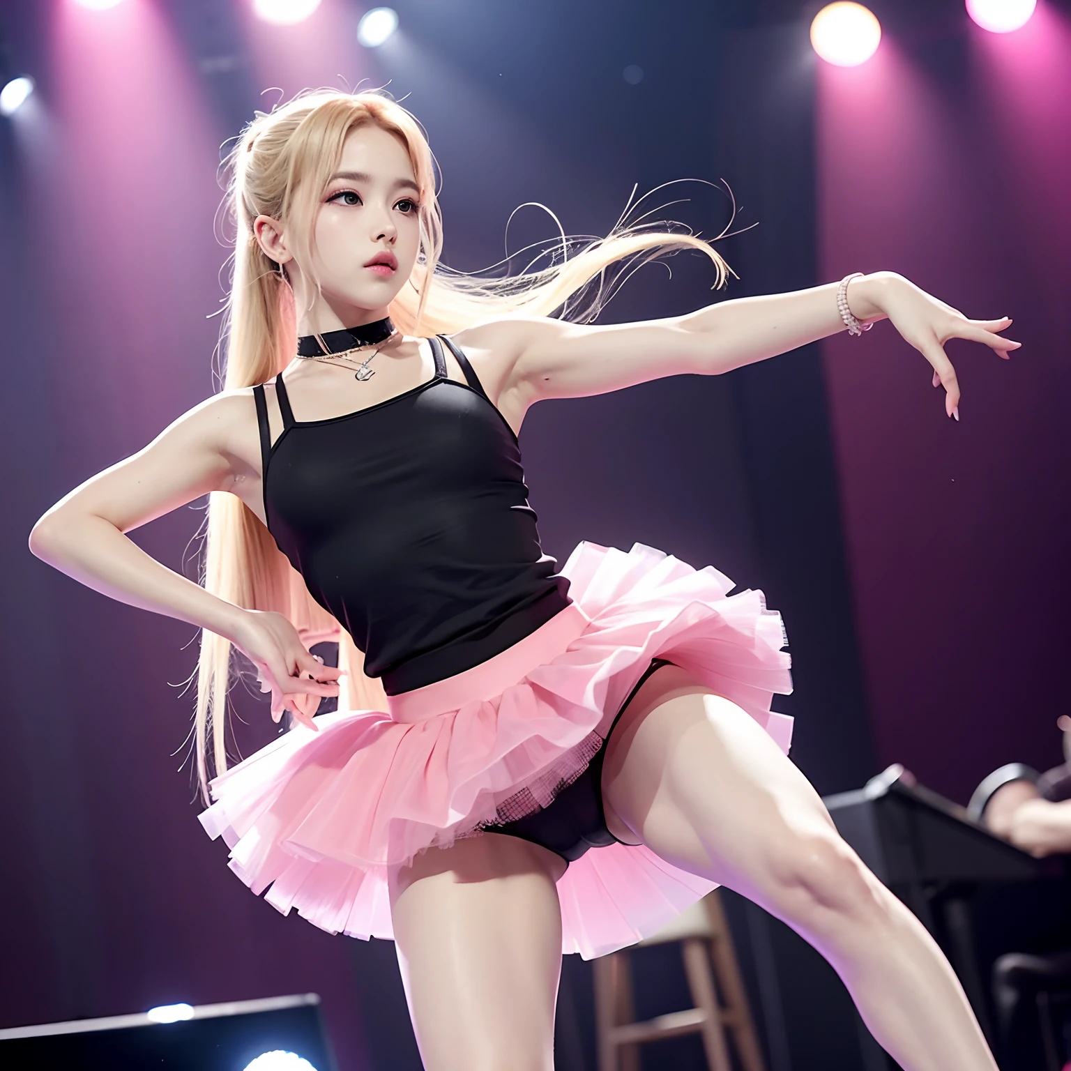 Rosé's balckpnk in a stage, dancing balet, melancholic expression on her face. Pink ballet clothes, Rosé's blackpink with ballet shoes, blonde hair.