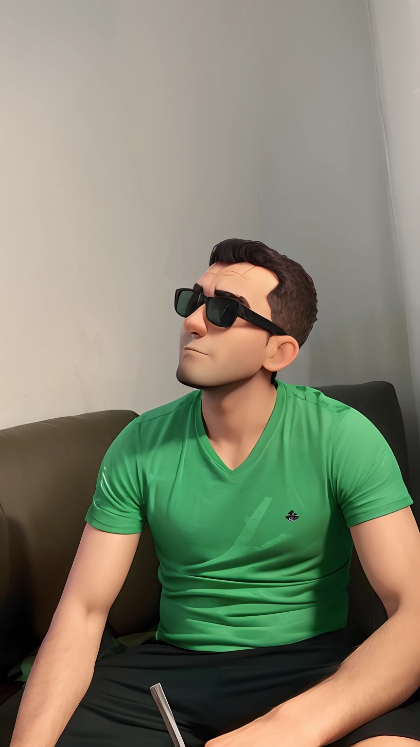 Homem de camiseta verde e de raiban preto