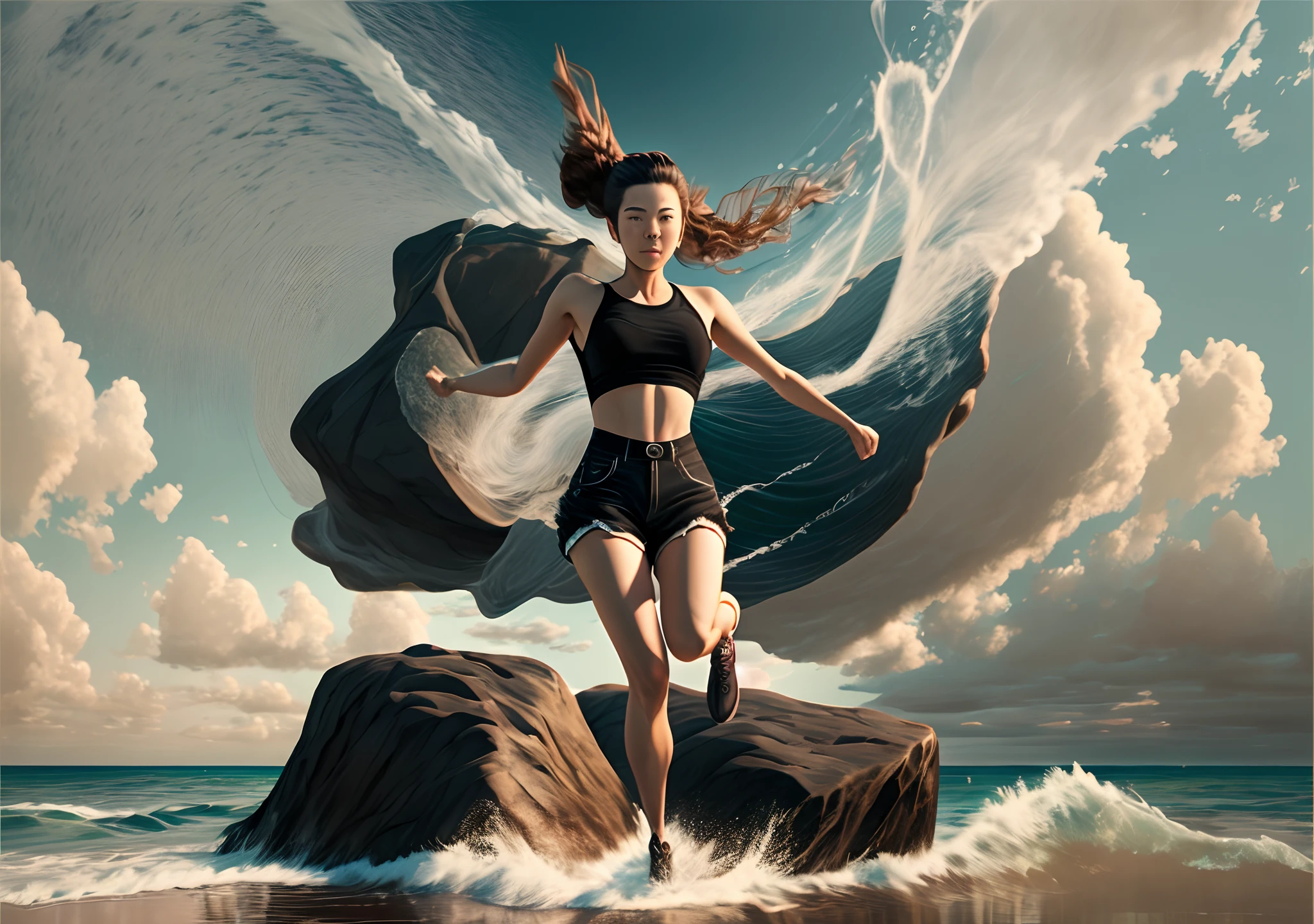 Create a cinematic portrait of a woman standing on a rocky cliff overlooking a body of water. She has her arms spread wide, and her body is turned towards the water, giving the impression that she is about to jump into the sea. She is wearing a black tank top and black shorts, with her hair styled in a messy bun. Capture the moment of anticipation and excitement as she is poised to take a leap of faith into the unknown depths of the ocean --auto --s2