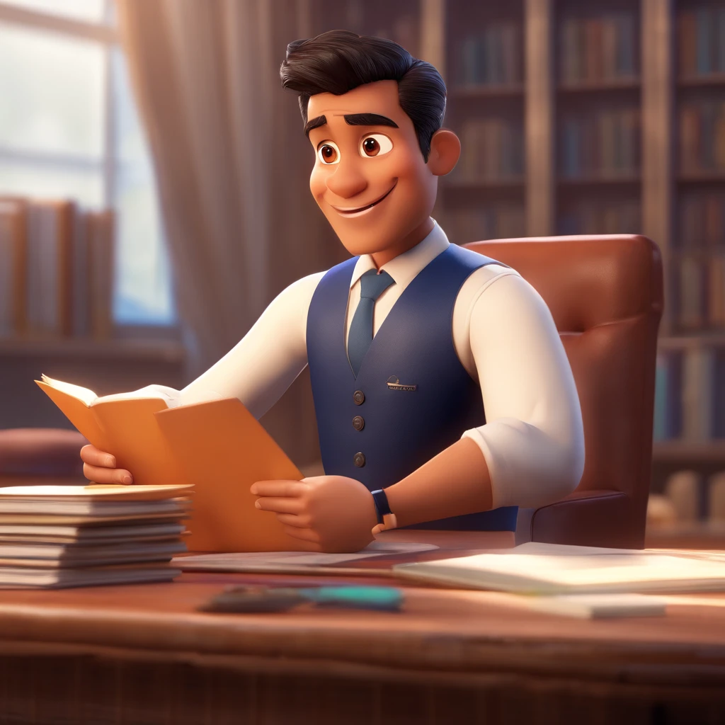 Create a Disney Pixar-inspired with the character being a man, 26 years old, slim, lawyer, dark skin, beard, Black gradient short hair, wearing a white shirt and navy blue suit, Do not wear a tie, with arms crossed, looking forward with a smile, background with a bookshelf