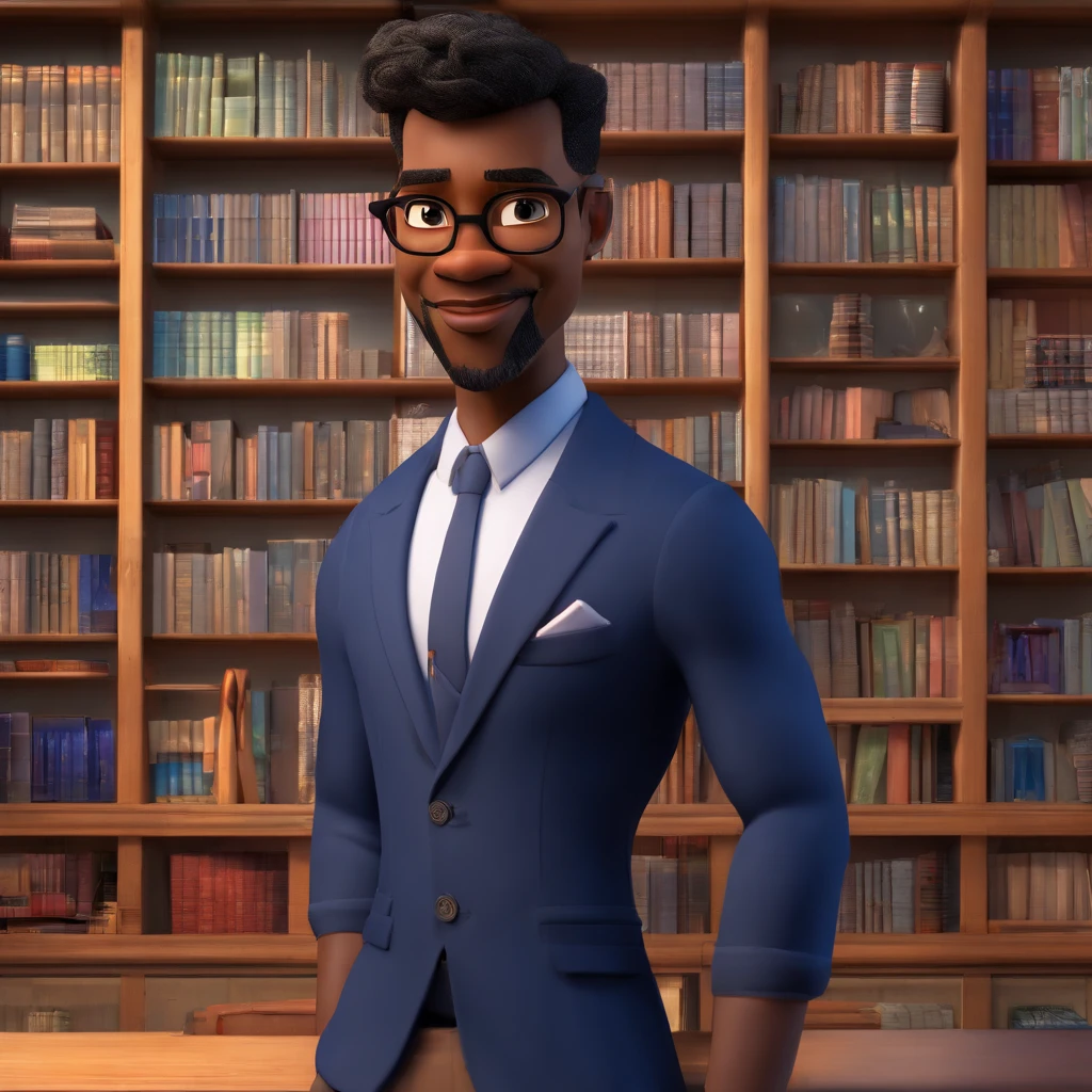 Create a Disney Pixar-inspired with the character being a man, 26 years old, slim, lawyer, dark skin, beard, Black gradient short hair, wearing a white shirt and navy blue suit, Do not wear a tie, with arms crossed, looking forward with a smile, background with a bookshelf