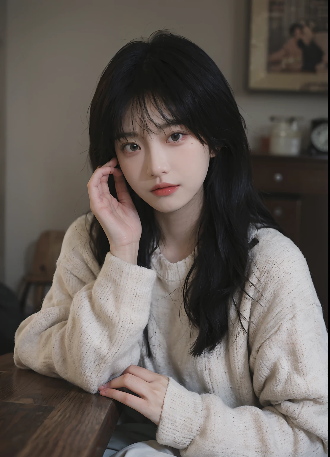 best qualtiy， 超高分辨率， （realisticlying：1.4）， A woman with long black hair and a gray sweater, 中景 the scene is, She has black hair，By bangs, young lovely Korean faces, wan adorable korean face, ulzzangs, Shin Jinying, beautiful aesthetic face, Korean face features, Played by Liu Lee Ji Eun ，Beautiful realistic face