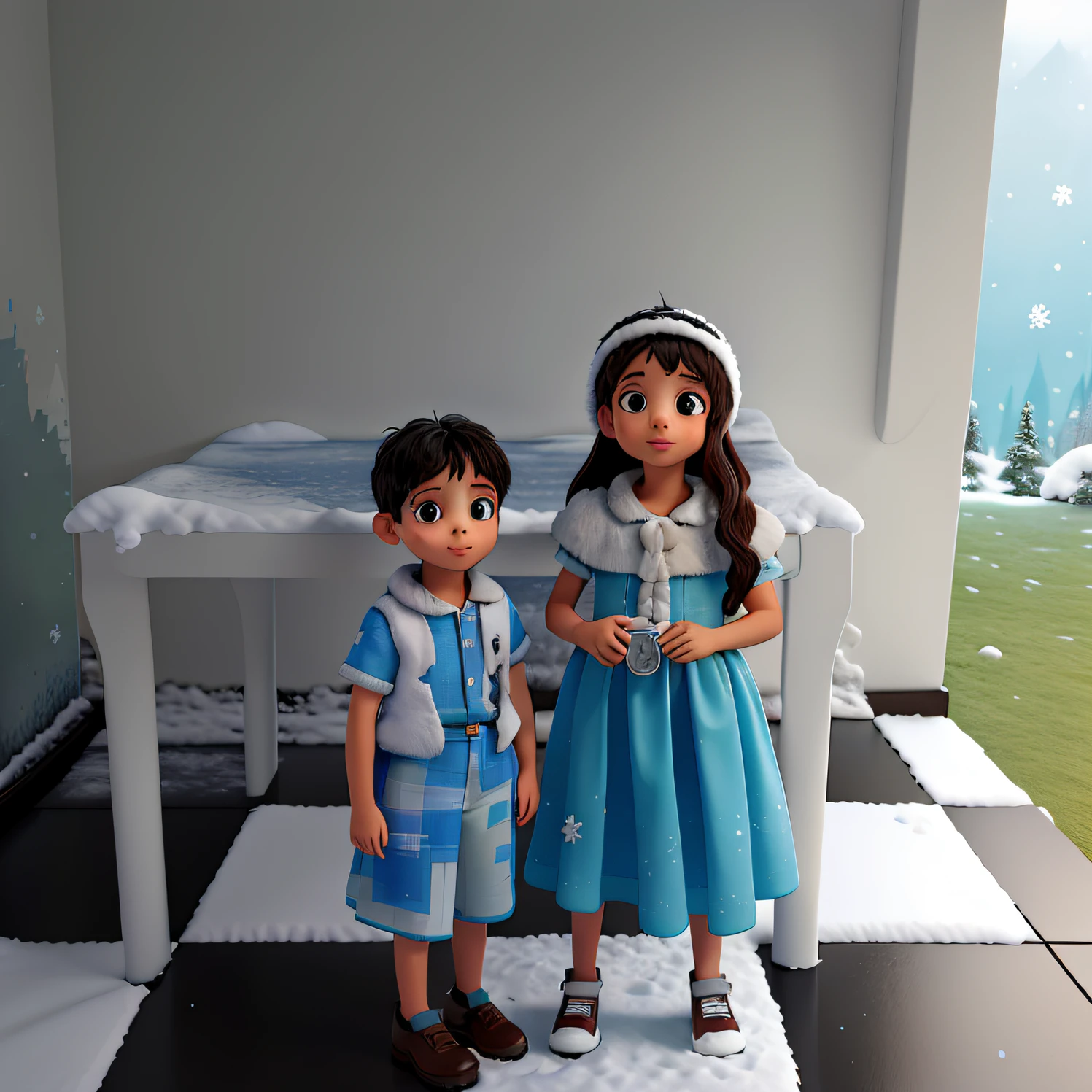 Two children standing in a snow-covered environment, contra plano de fundo um castelo grande de gelo.