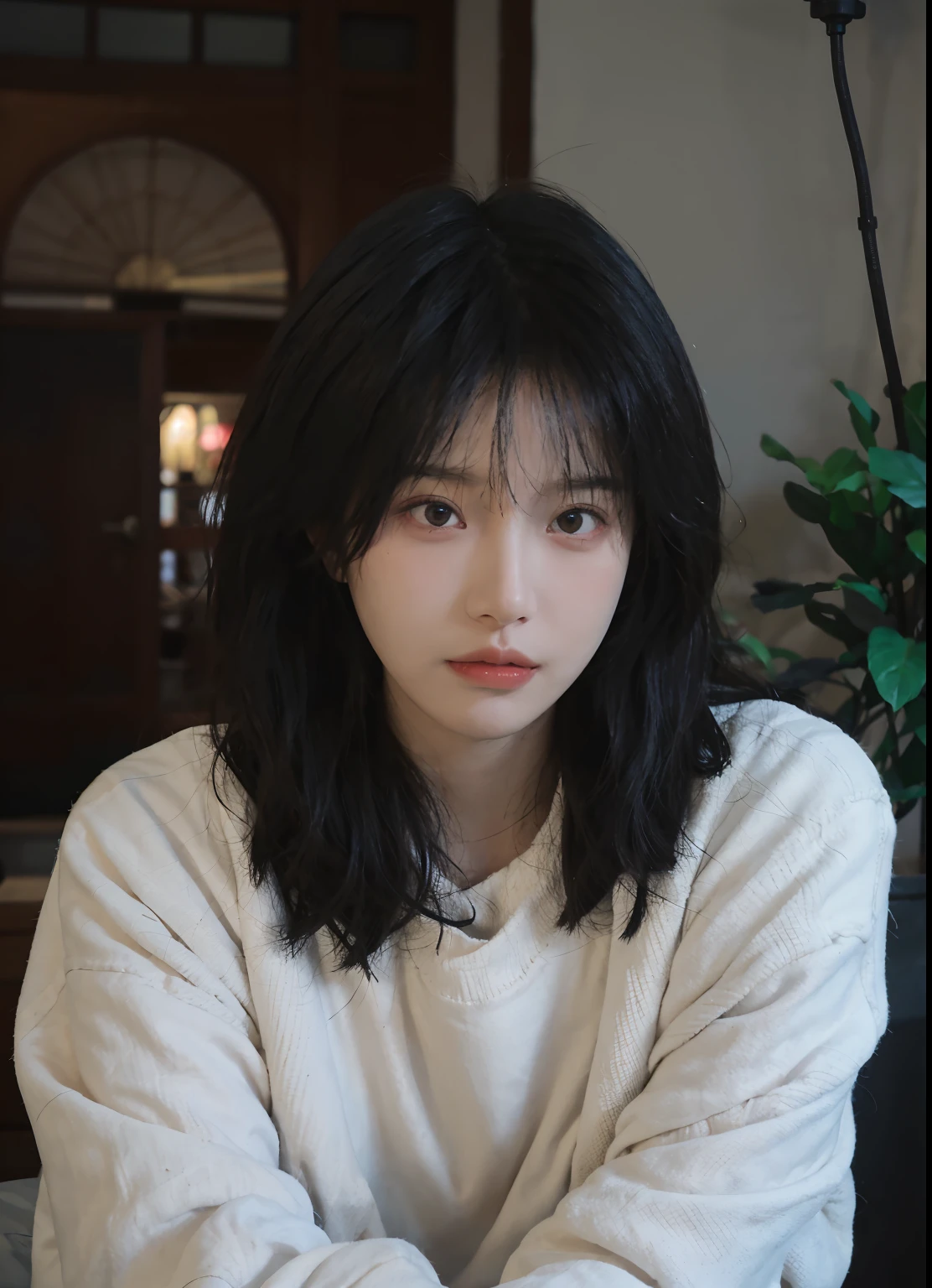 best qualtiy， 超高分辨率， （realisticlying：1.4）， A woman with long black hair and a gray sweater, 中景 the scene is, She has black hair，By bangs, young lovely Korean faces, wan adorable korean face, ulzzangs, Shin Jinying, beautiful aesthetic face, Korean face features, Played by Liu Lee Ji Eun ，Beautiful realistic face