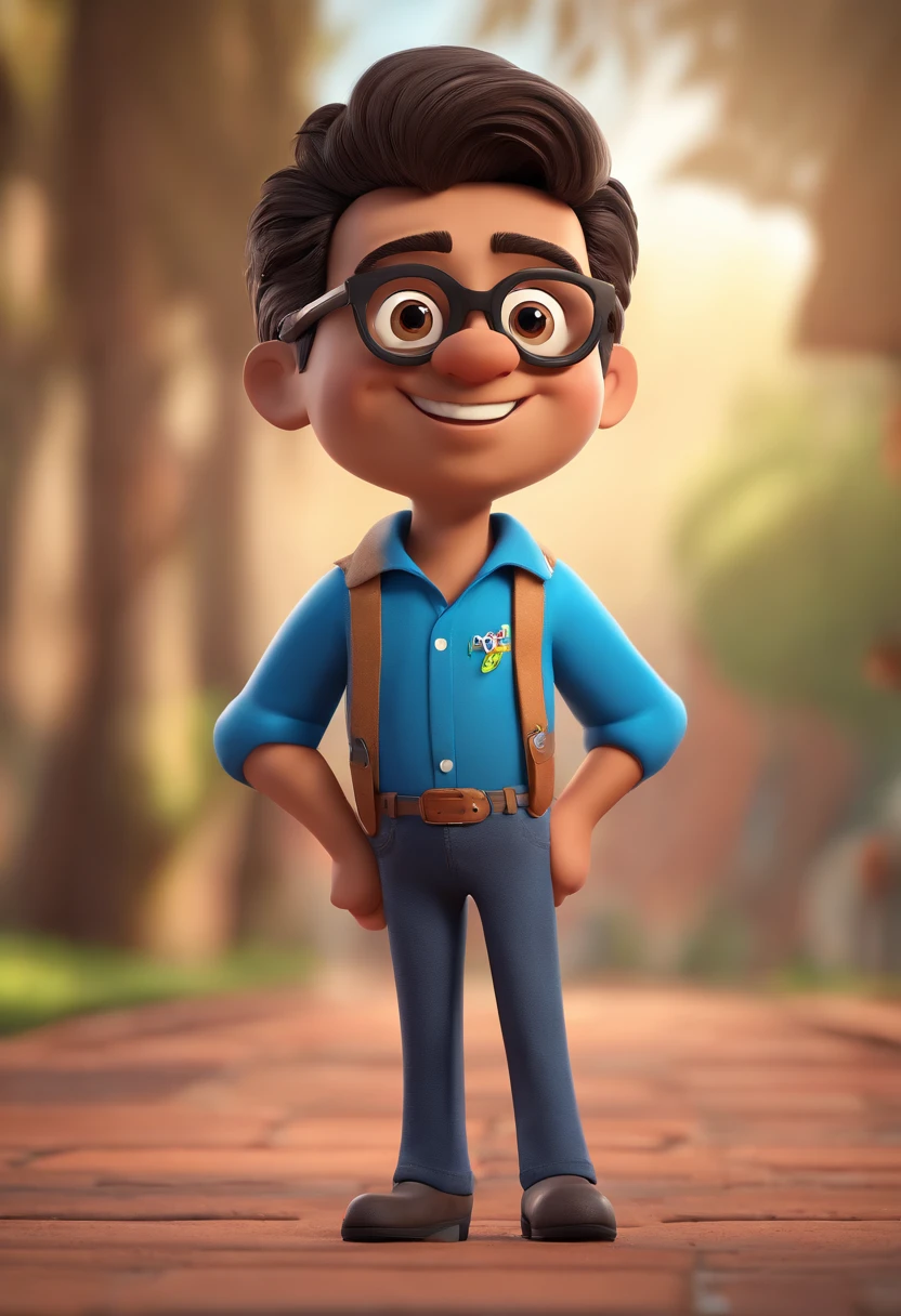 Cartoon character of a man with black glasses and a blue shirt, animation character, Caractere estilizado, animation style rendering, 3D estilizado, Arnold Maya render, 3 d render stylized, toon render keyshot, Personagem 3D, Personagem 3D, 3d rendering stylized, 3 d character render, personagem de desenho animado, Personagem de close up, Pose de personagem,  (Estilo Pixar) (master part:1.2) (Bokeh) (best quality) (pele detalhada) (textura detalhada) (8k) (argila) (Cinematic lighting) (foco nítido