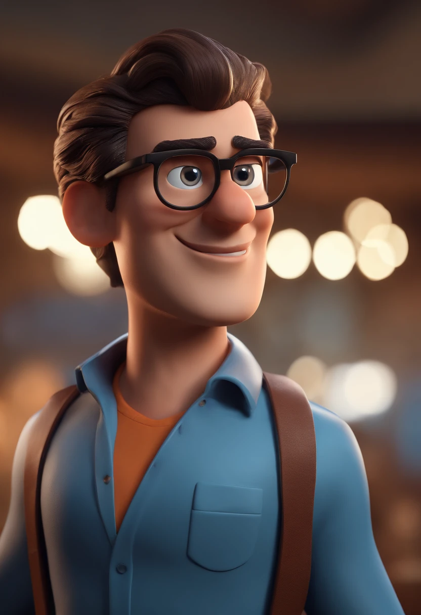 Cartoon character of a man with black glasses and a blue shirt, animation character, Caractere estilizado, animation style rendering, 3D estilizado, Arnold Maya render, 3 d render stylized, toon render keyshot, Personagem 3D, Personagem 3D, 3d rendering stylized, 3 d character render, personagem de desenho animado, Personagem de close up, Pose de personagem, (Estilo Pixar) (master part:1.2) (Bokeh) (best quality) (pele detalhada) (textura detalhada) (8k) (argila) (Cinematic lighting) (foco nítido