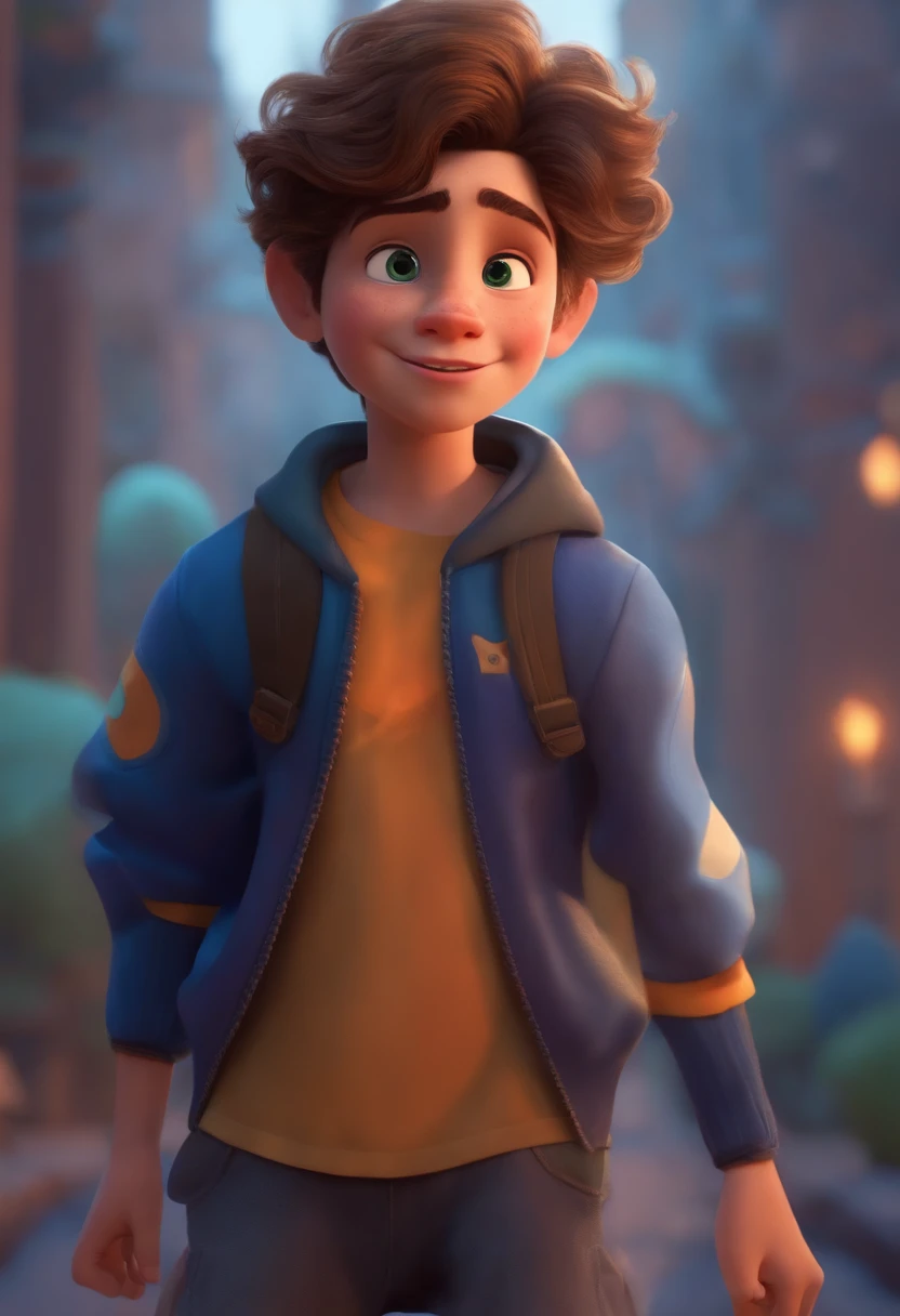 Image of a boy for a story in a YouTube video in Pixar format, He's the allabester, He's the class leader, He's outgoing, Playful and gets up for a lot of things, cabelo curto
