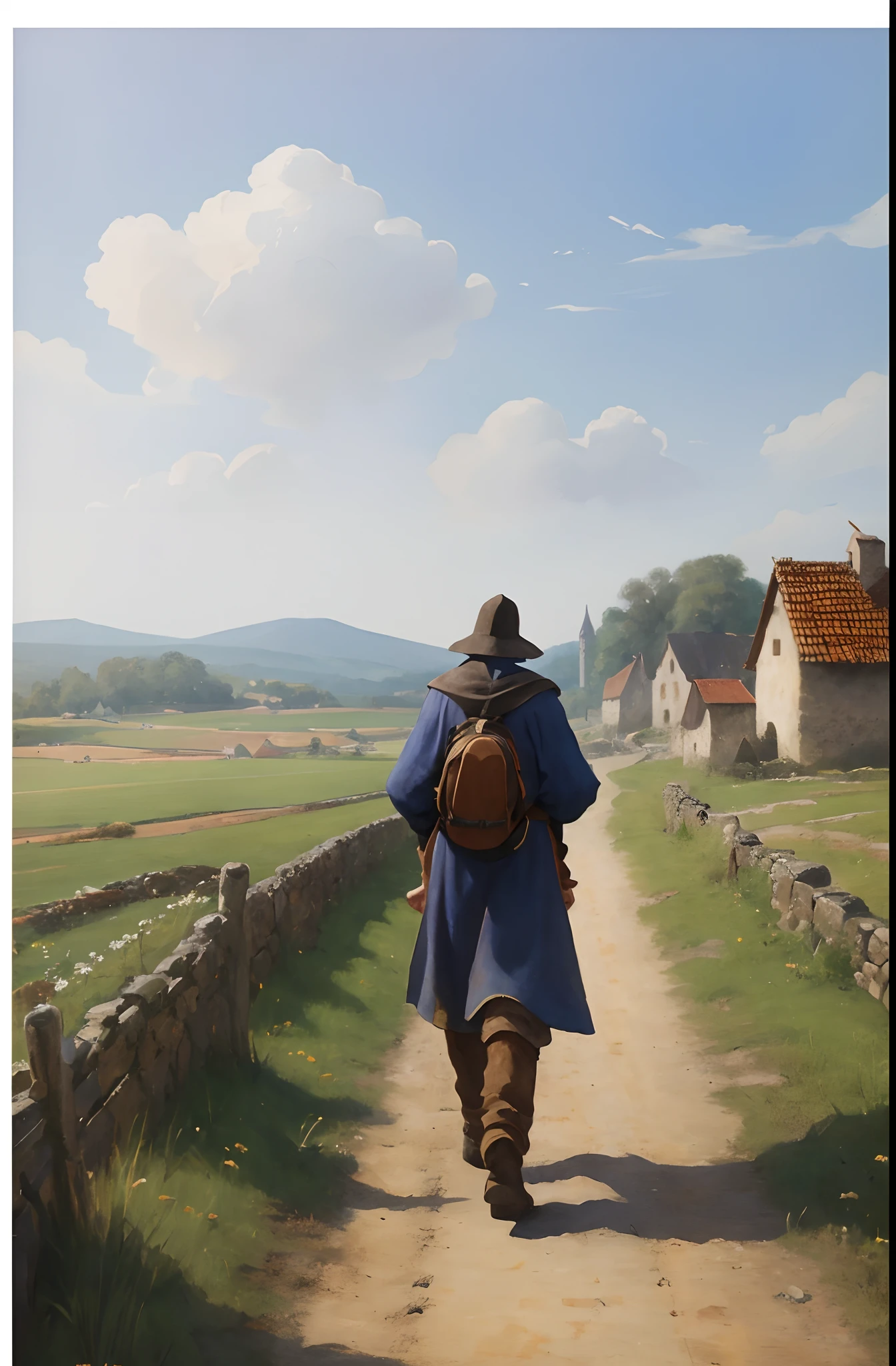 Peasant man without hat walking backwards towards a medieval village on the horizon, Poland, imagem perfeita, No distortions, Bela arte UHD 4K, pintura detalhada 4K, Krenzcushart, oil-painting, Paisagem, imagem perfeita