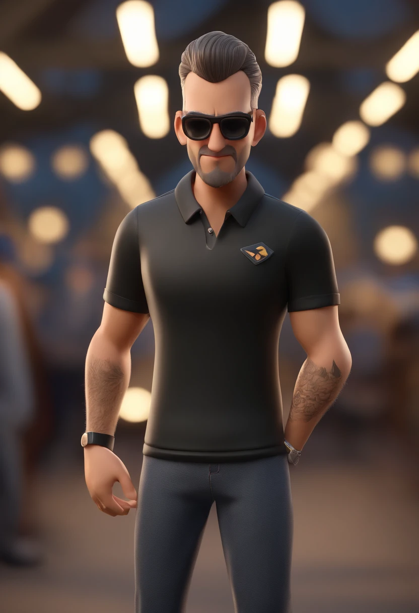 Cartoon character of a man with black glasses and a black polo shirt, cabelo liso, With beard and old school tattoo on his arm, animation character, Caractere estilizado, animation style rendering, 3D estilizado, Arnold Maya render, 3 d render stylized, toon render keyshot, Personagem 3D, Personagem 3D, 3d rendering stylized, 3 d character render, personagem de desenho animado, Personagem de close up, Pose de personagem, (Estilo Pixar) (master part:1.2) (Bokeh) (best quality) (pele detalhada) (textura detalhada) (8k) (argila) (Cinematic lighting) (foco nítido
