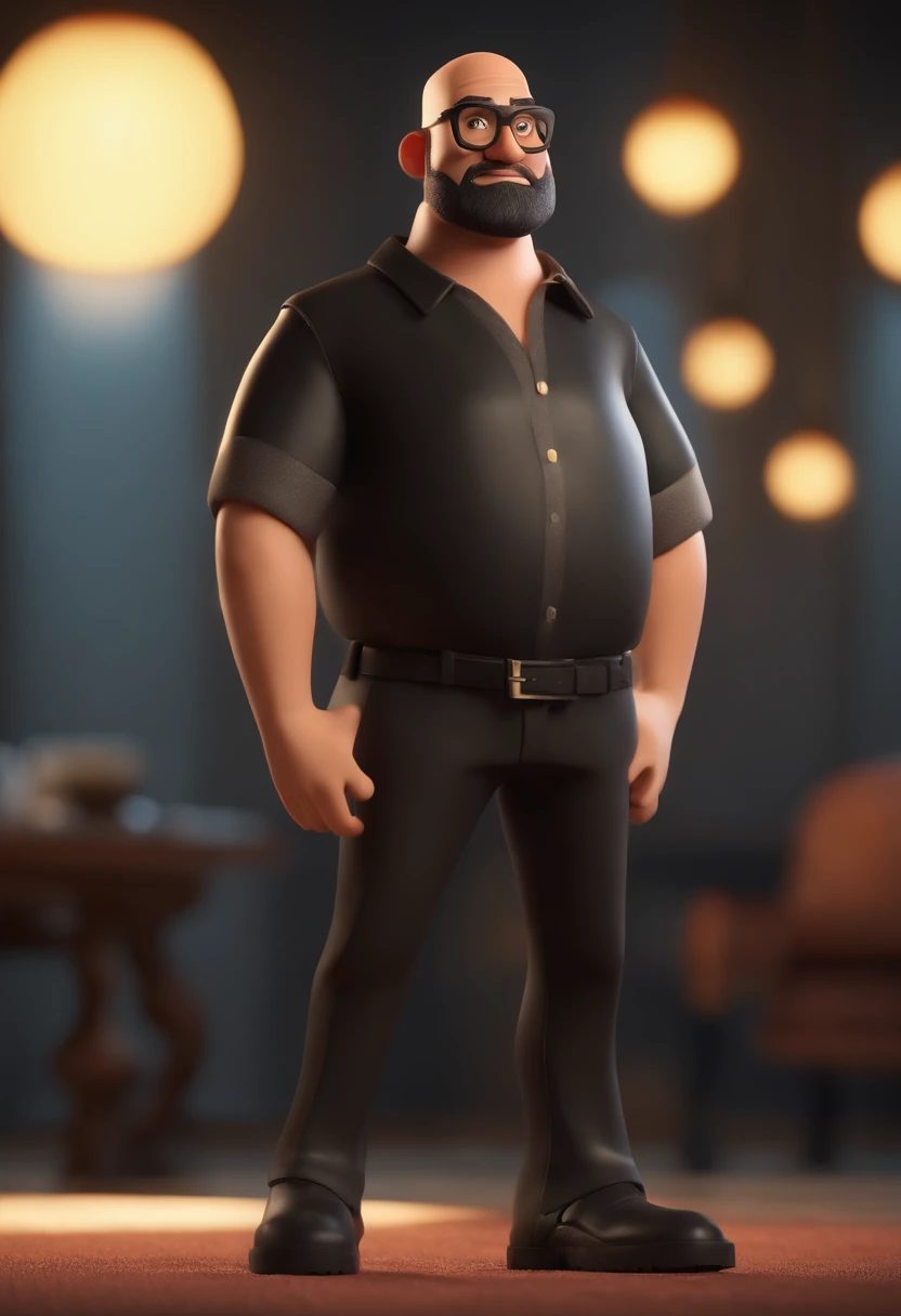 Cartoon character of a man with a shaved head and a closed beard, grande e de cor ruiva, with black glasses and a black shirt, animation character, Caractere estilizado, animation style rendering, 3D estilizado, Arnold Maya render, 3 d render stylized, toon render keyshot, Personagem 3D, Personagem 3D, 3d rendering stylized, 3 d character render, personagem de desenho animado, Personagem de close up, Pose de personagem, (Estilo Pixar) (master part:1.2) (Bokeh) (melhor qualidade) (pele detalhada) (textura detalhada) (8k) (argila) (Cinematic lighting) (foco nítido)